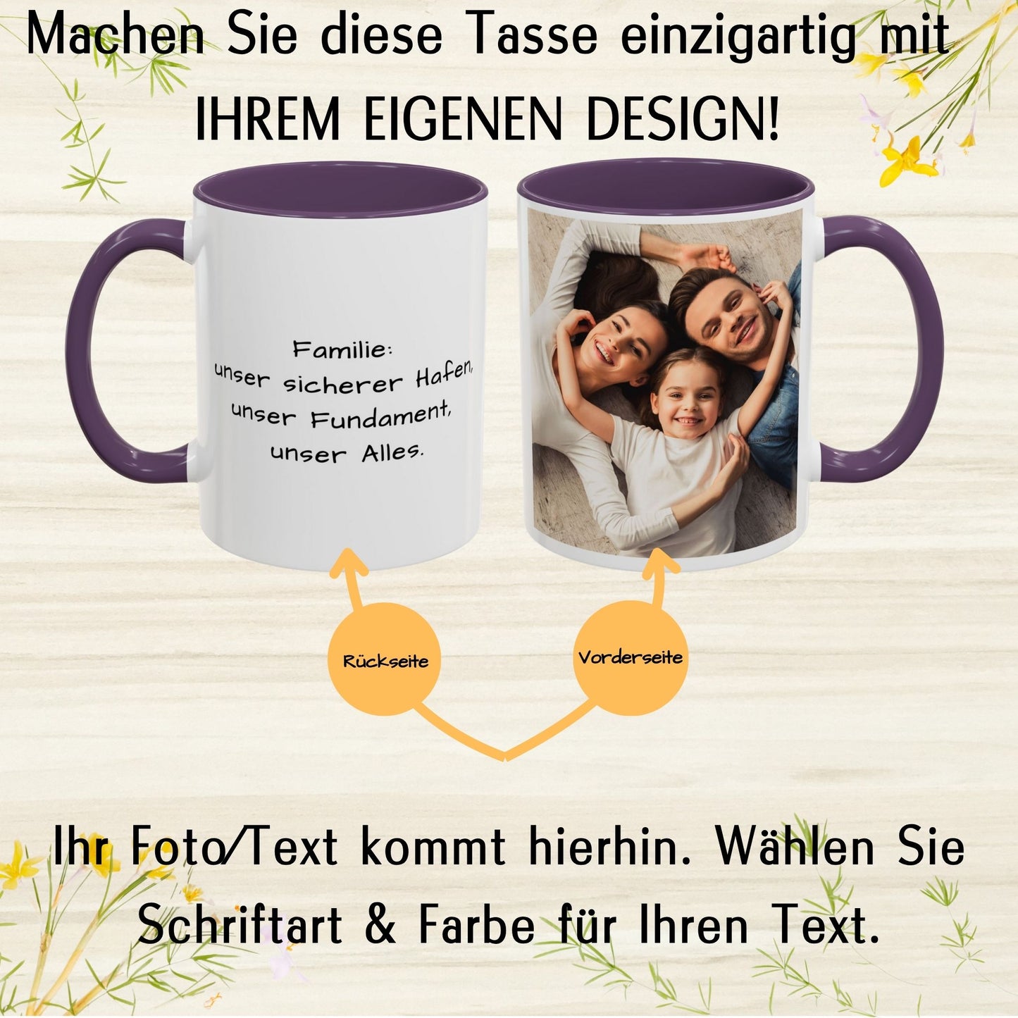 Personalisierte Tasse, weiß/lila, 325 ml, mit Foto, Text oder Logo, quadratisches Design