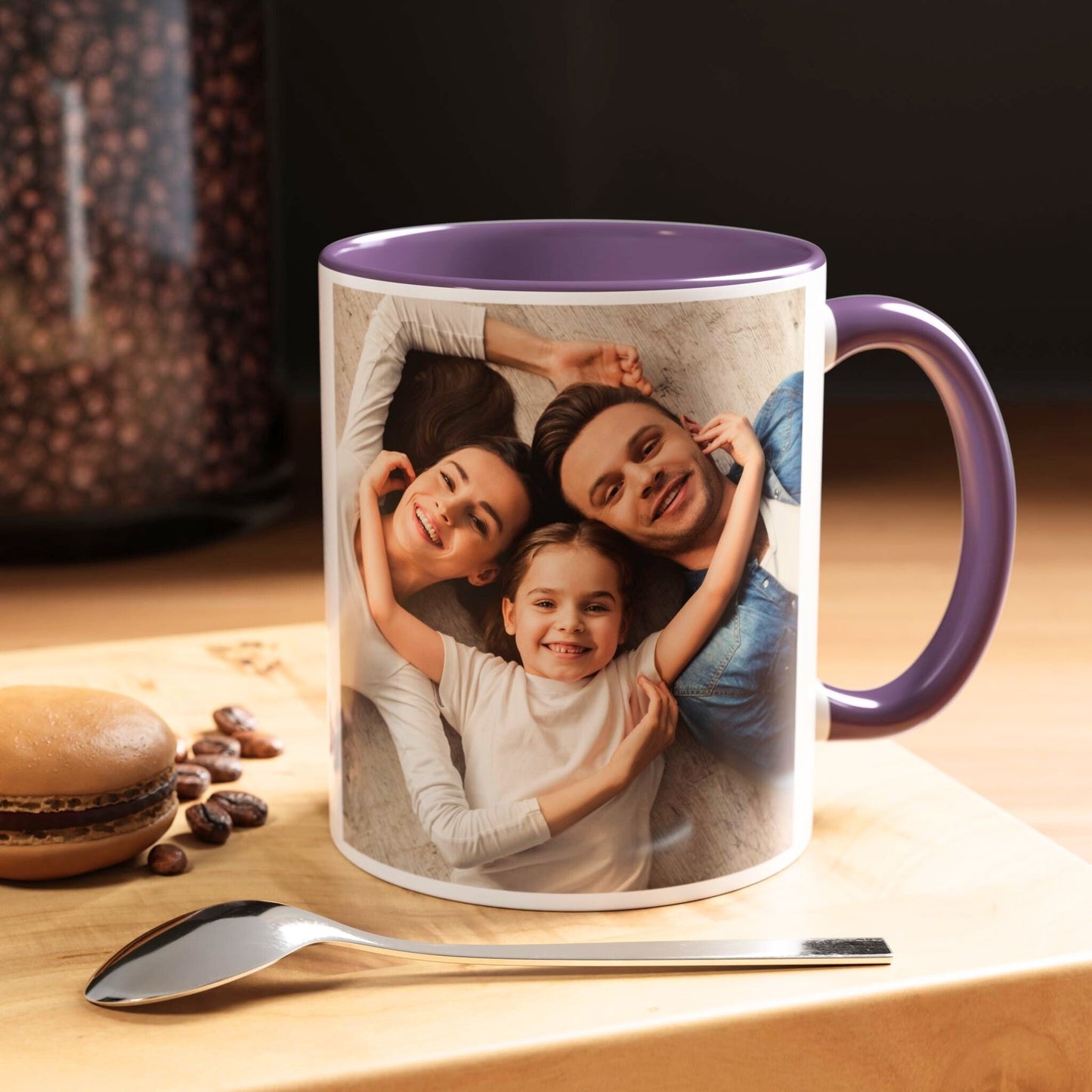 Personalisierte Tasse, weiß/lila, 325 ml, mit Foto, Text oder Logo, quadratisches Design