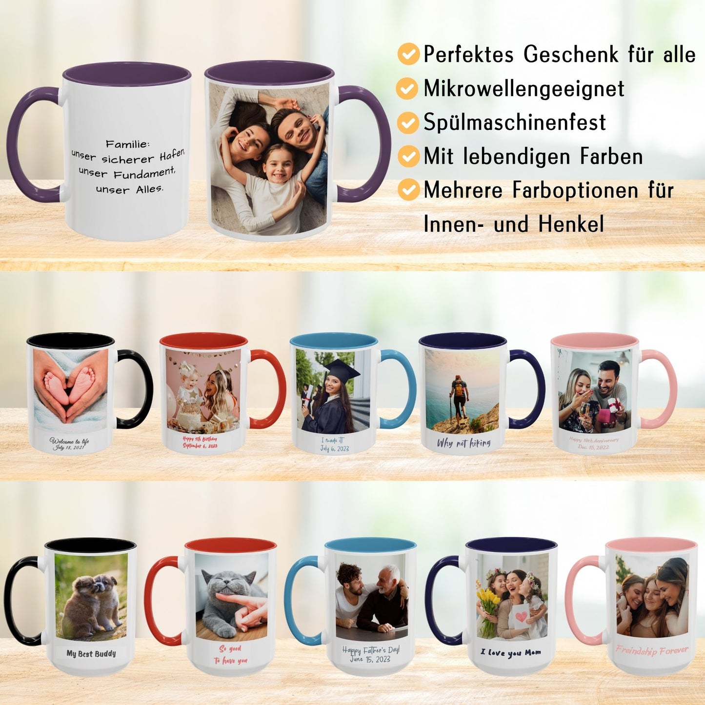 Personalisierte Tasse, weiß/lila, 325 ml, mit Foto, Text oder Logo, quadratisches Design
