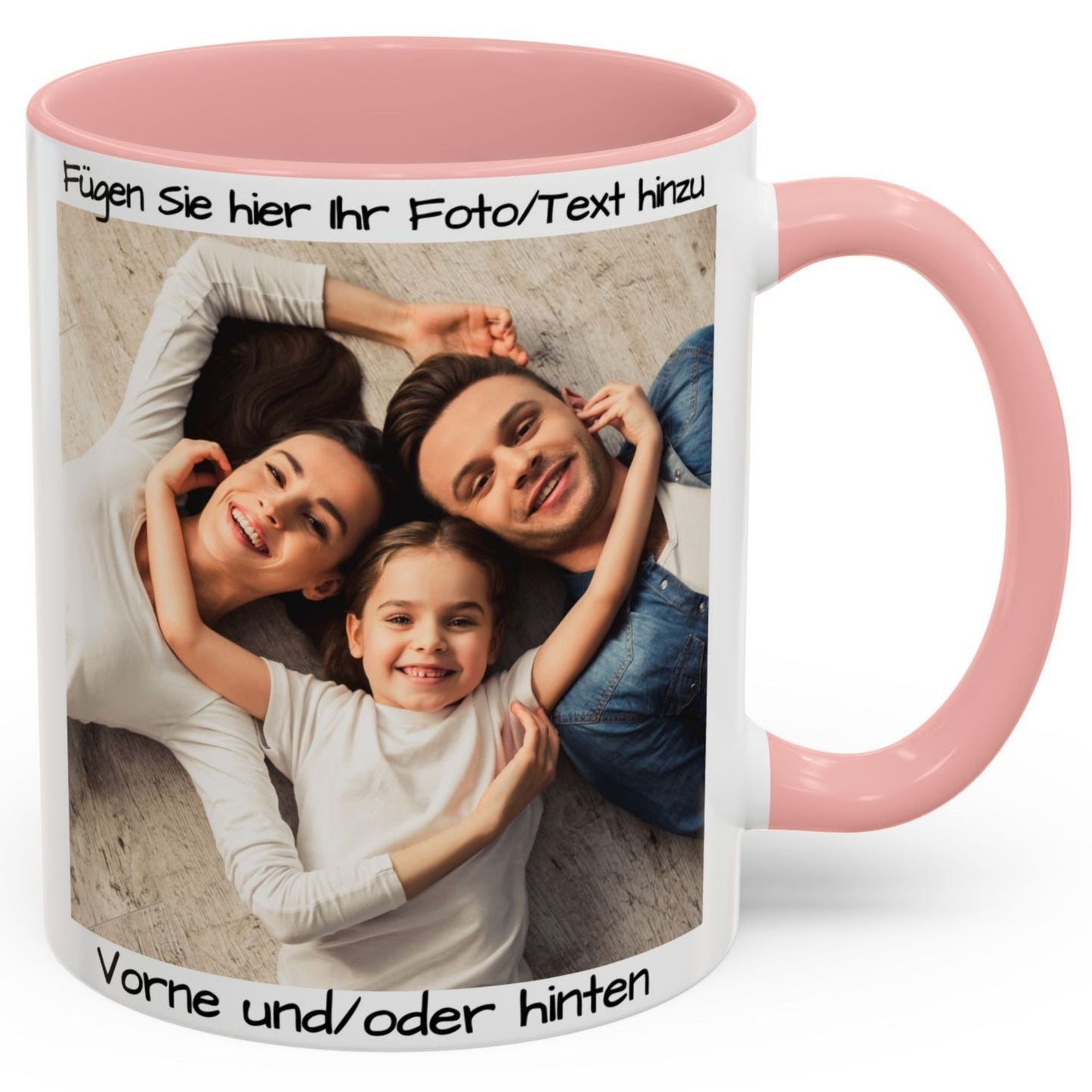 Personalisierte Tasse, weiß/rosa, 325 ml, mit Foto, Text oder Logo, quadratisches Design