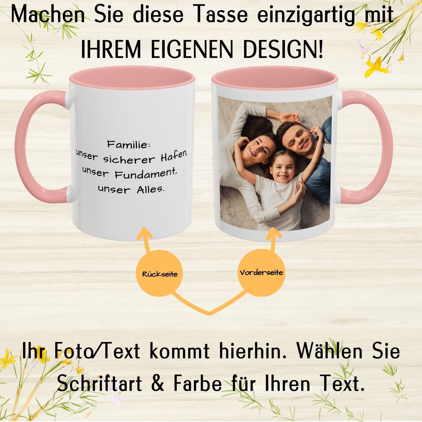 Personalisierte Tasse, weiß/rosa, 325 ml, mit Foto, Text oder Logo, quadratisches Design