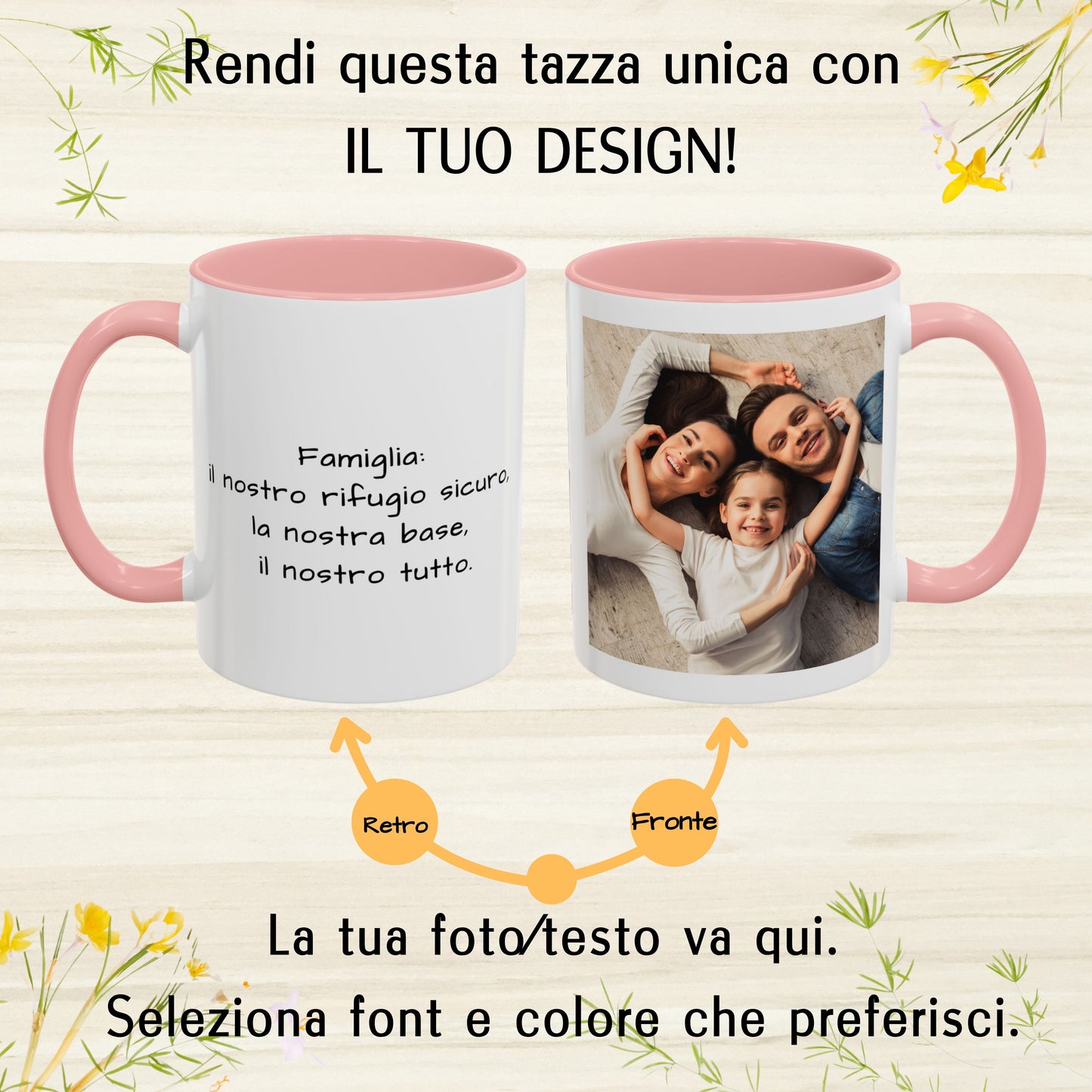 Tazza personalizzata, 325 ml Bianco/rosa Design quadrato Tazza da caffè in ceramica, Regalo personalizzato con foto, testo o logo