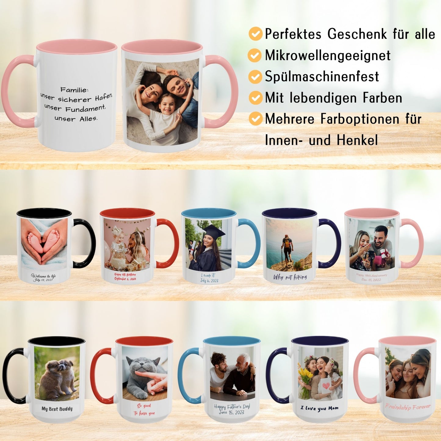 Personalisierte Tasse, weiß/rosa, 325 ml, mit Foto, Text oder Logo, quadratisches Design