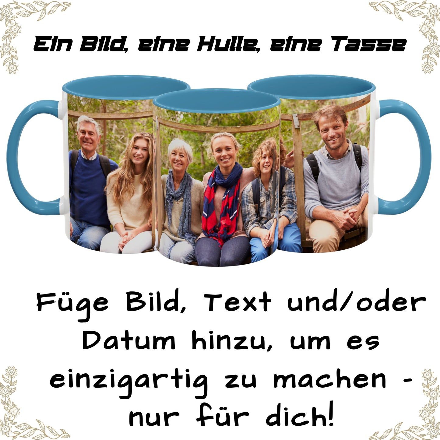 Custom Mug, 325ml White/Light Blue Wrap Around Design Ceramic Coffee Mug, Personalized Gift with Photo, Text or Logo