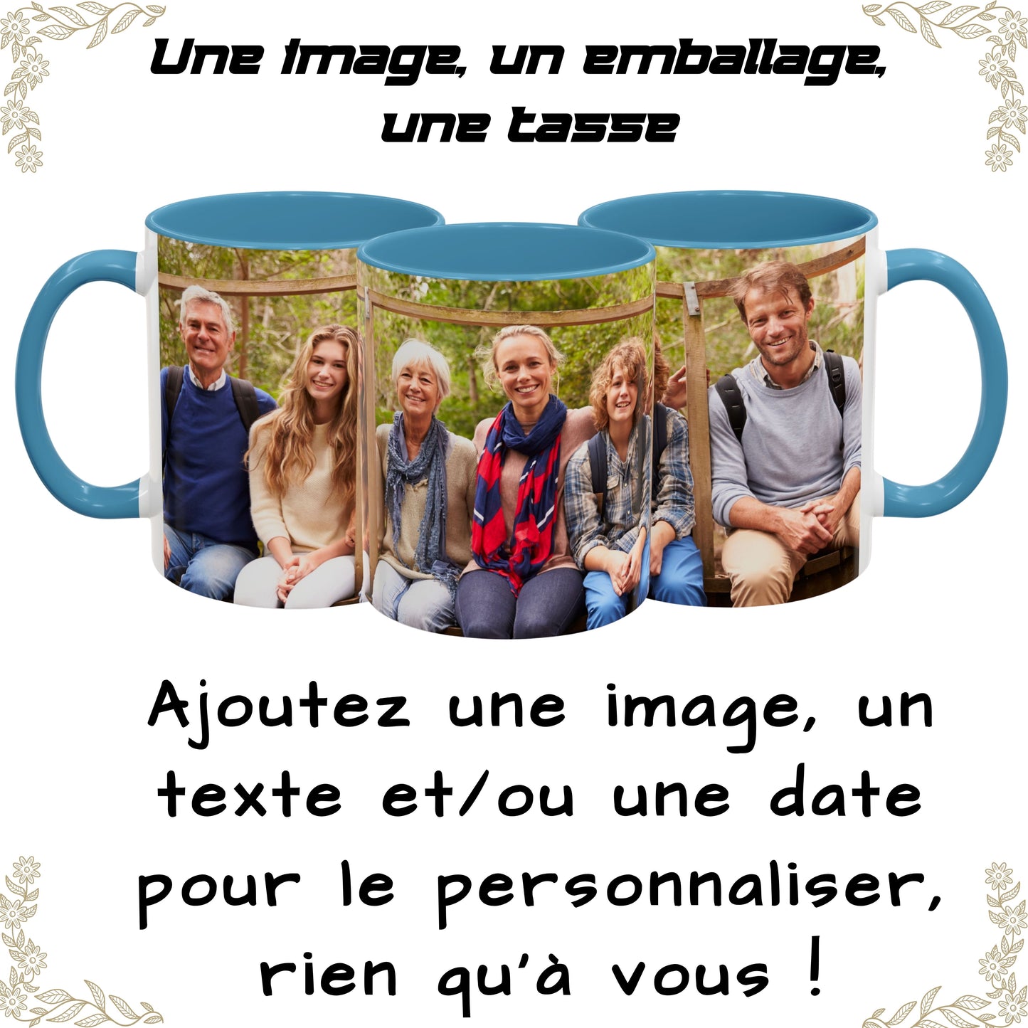 Tasse personnalisée, Tasse à café en céramique blanche/bleu clair de 325 ml avec motif enveloppant, Cadeau personnalisé avec photo, texte ou logo