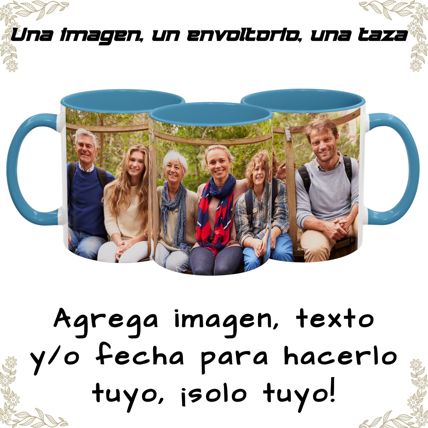 Taza personalizada, 325ml Blanco/azul claro Diseño envolvente Cerámica Taza de café, Regalo personalizado con foto, texto o logo