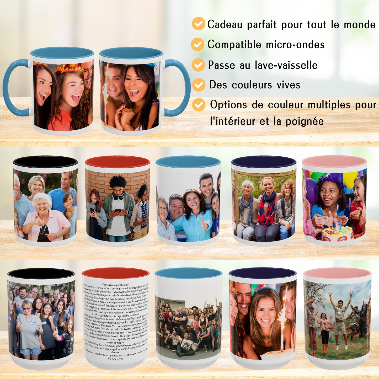 Tasse personnalisée, Tasse à café en céramique blanche/bleu clair de 325 ml avec motif enveloppant, Cadeau personnalisé avec photo, texte ou logo