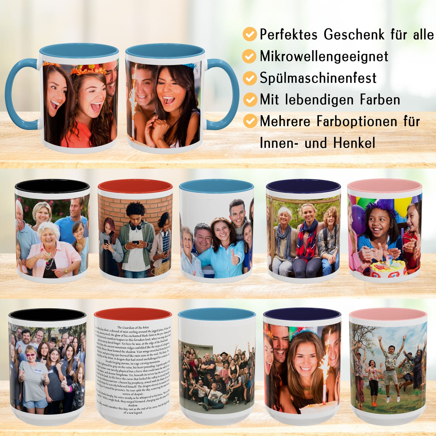 Custom Mug, 325ml White/Light Blue Wrap Around Design Ceramic Coffee Mug, Personalized Gift with Photo, Text or Logo