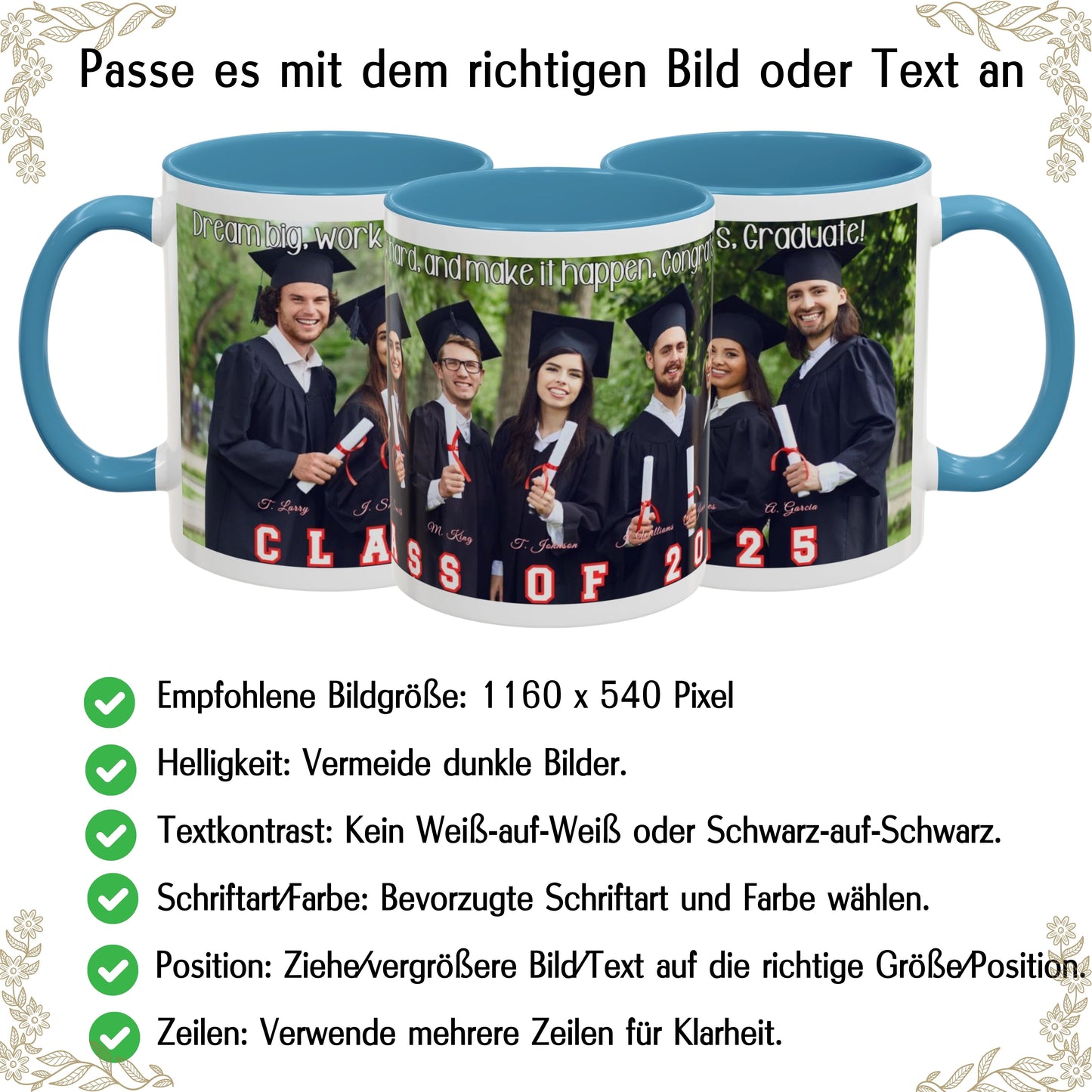 Custom Mug, 325ml White/Light Blue Wrap Around Design Ceramic Coffee Mug, Personalized Gift with Photo, Text or Logo