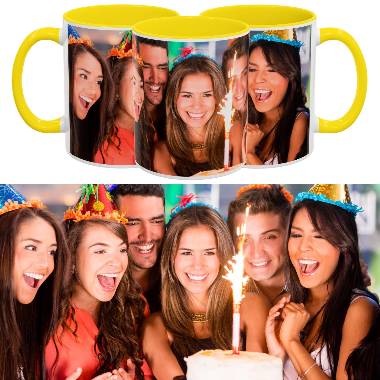 Mug personnalisé, Tasse à café en céramique blanche/jaune de 325 ml avec motif enveloppant, Cadeau personnalisé avec photo, texte ou logo