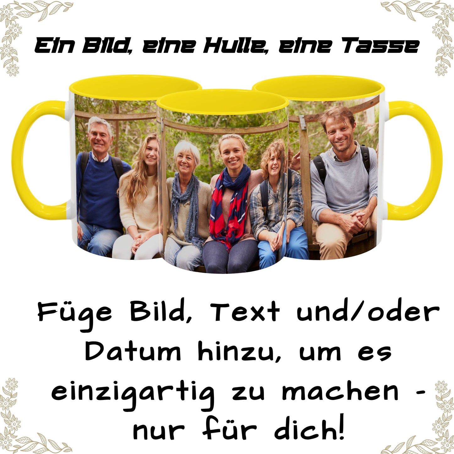 Personalisierte Tasse, 325ml Weiß/Gelb Rundum-Design Keramikkaffeetasse, personalisiertes Geschenk mit Foto, Text oder Logo