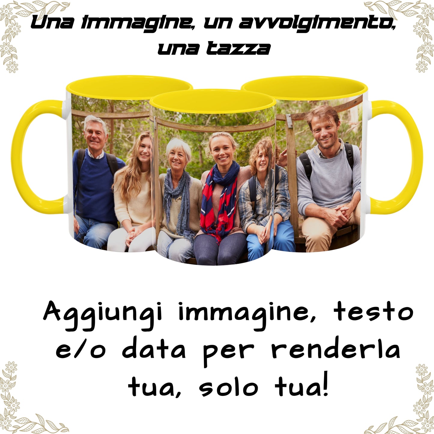 Tazza personalizzata, 325 ml Bianco/giallo Design avvolgente Tazza da caffè in ceramica, Regalo personalizzato con foto, testo o logo