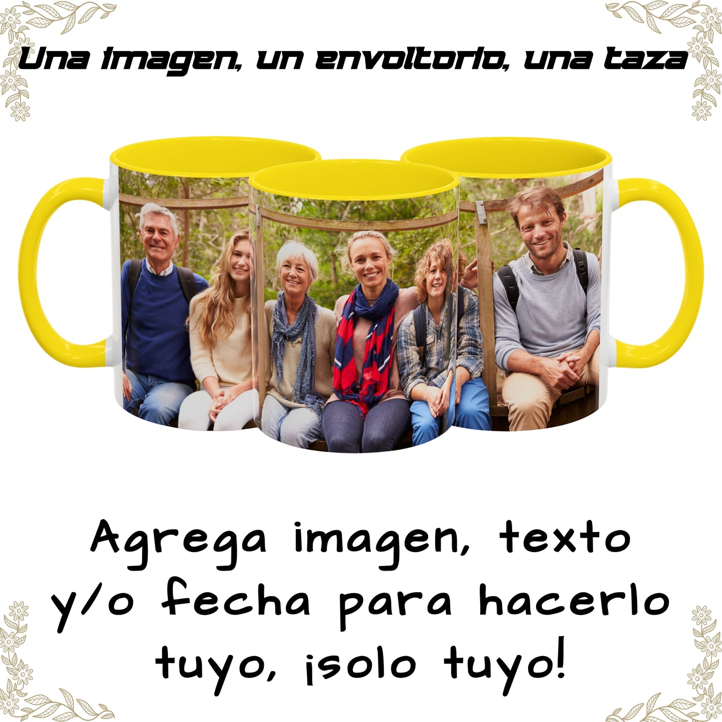 Taza personalizada, 325ml Blanco/amarillo Diseño envolvente Cerámica Taza de café, Regalo personalizado con foto, texto o logo