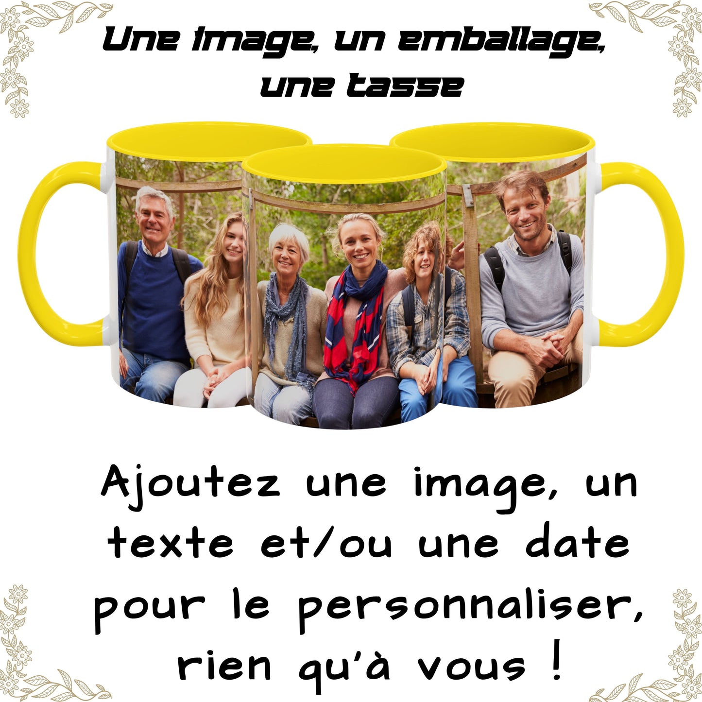 Mug personnalisé, Tasse à café en céramique blanche/jaune de 325 ml avec motif enveloppant, Cadeau personnalisé avec photo, texte ou logo
