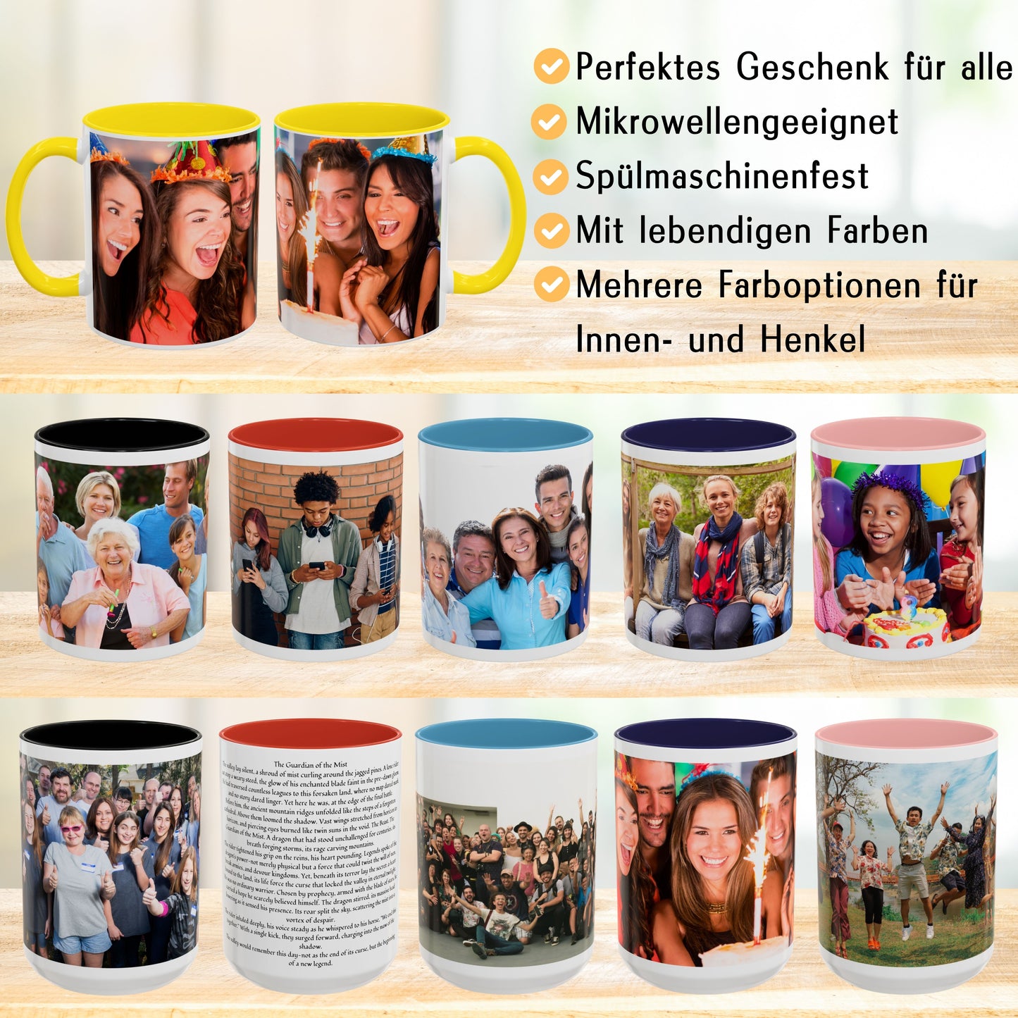 Personalisierte Tasse, 325ml Weiß/Gelb Rundum-Design Keramikkaffeetasse, personalisiertes Geschenk mit Foto, Text oder Logo