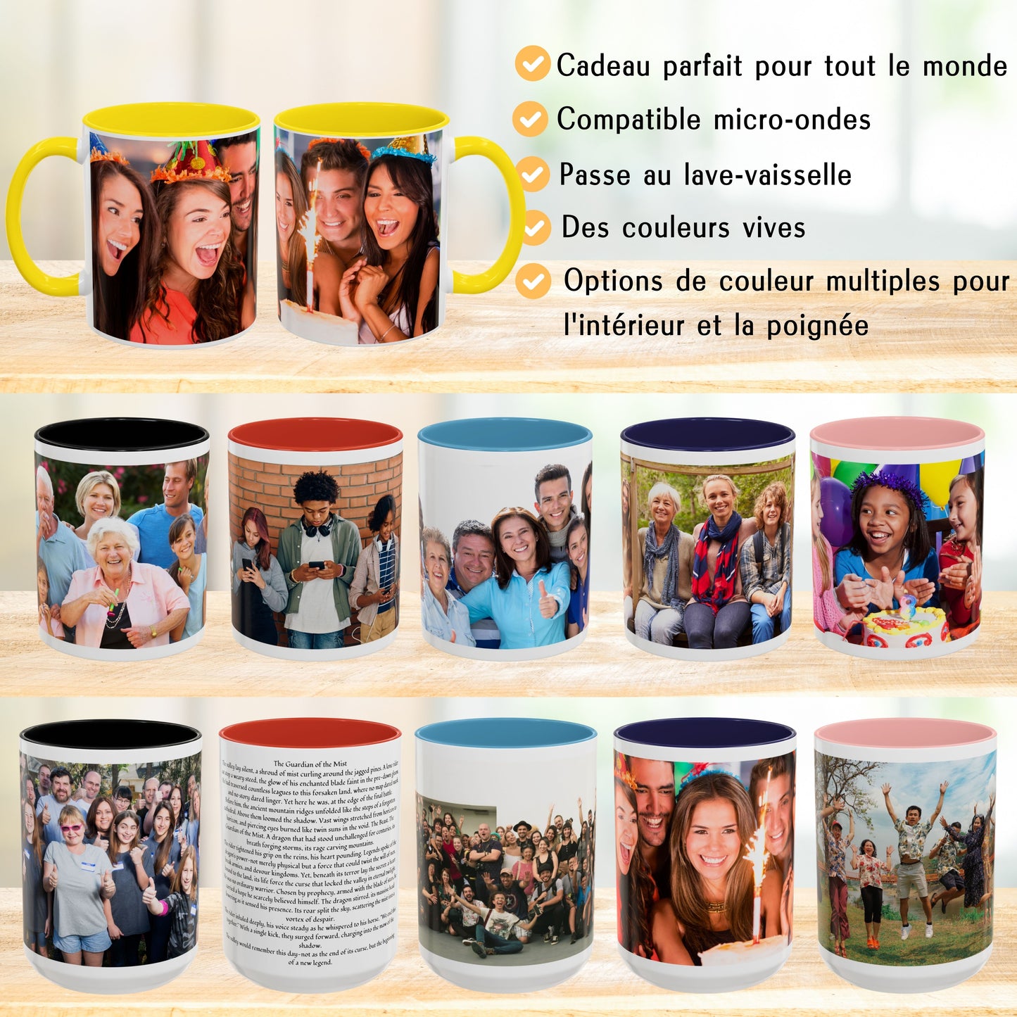 Mug personnalisé, Tasse à café en céramique blanche/jaune de 325 ml avec motif enveloppant, Cadeau personnalisé avec photo, texte ou logo