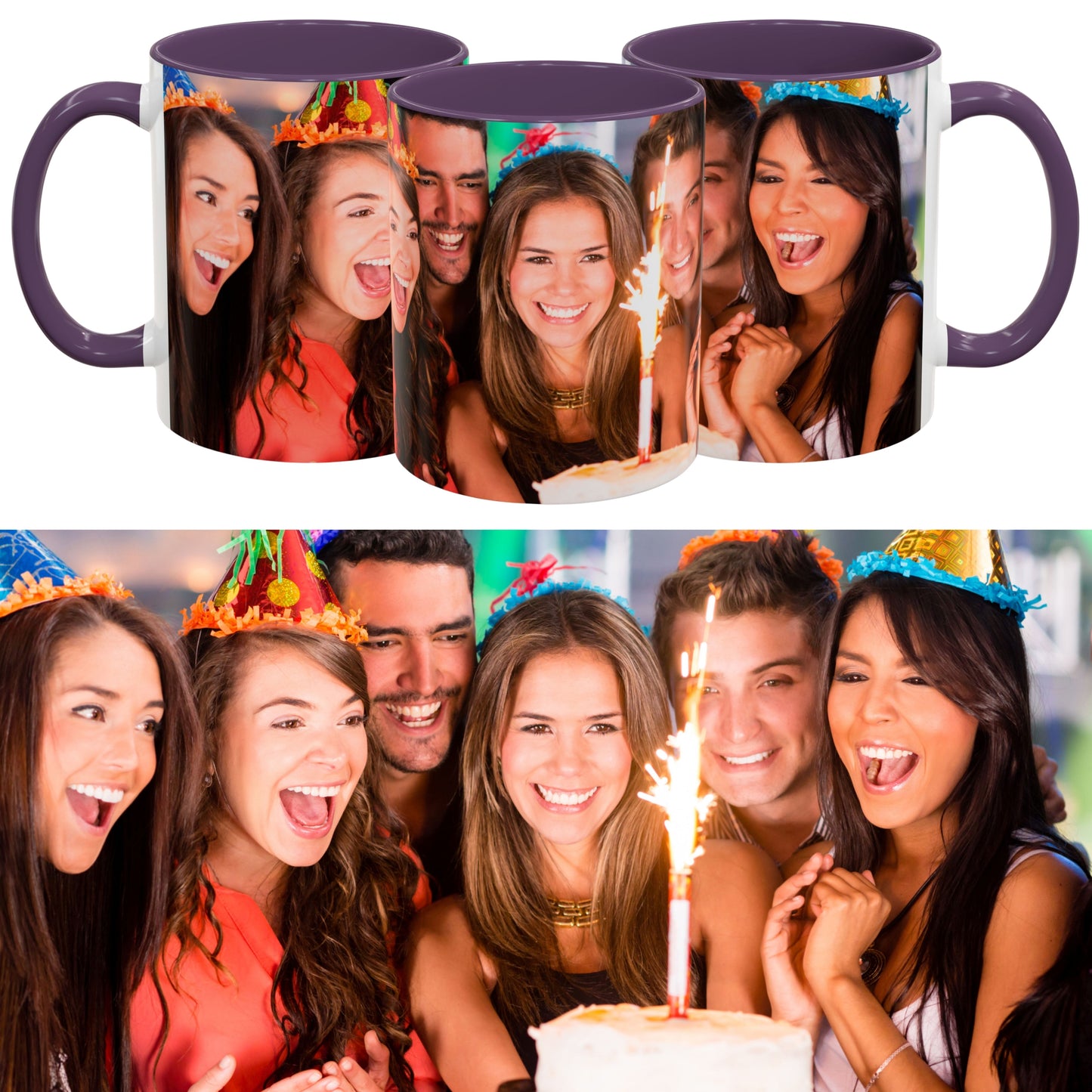 Taza personalizada, 325ml Blanco/morado Diseño envolvente Cerámica Taza de café, Regalo personalizado con foto, texto o logo