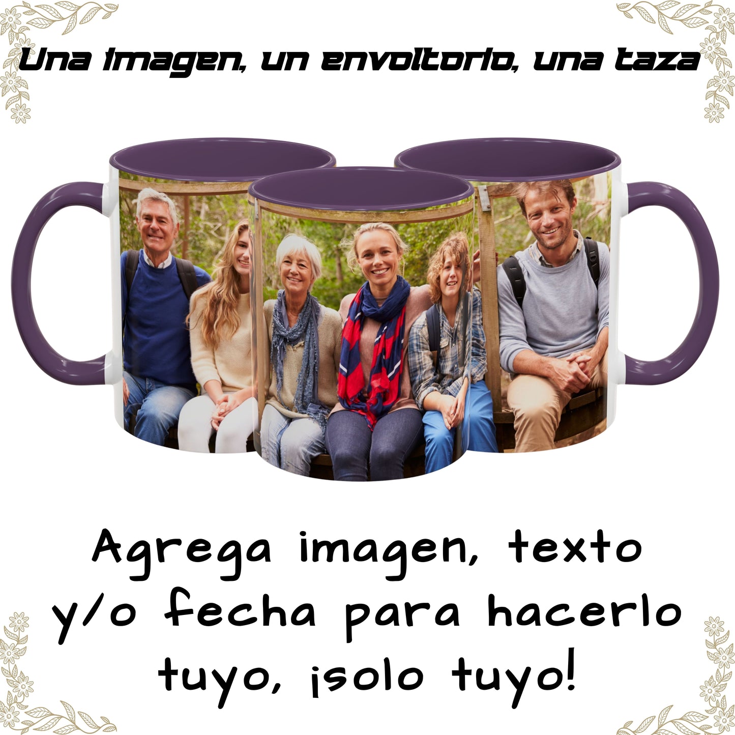 Taza personalizada, 325ml Blanco/morado Diseño envolvente Cerámica Taza de café, Regalo personalizado con foto, texto o logo