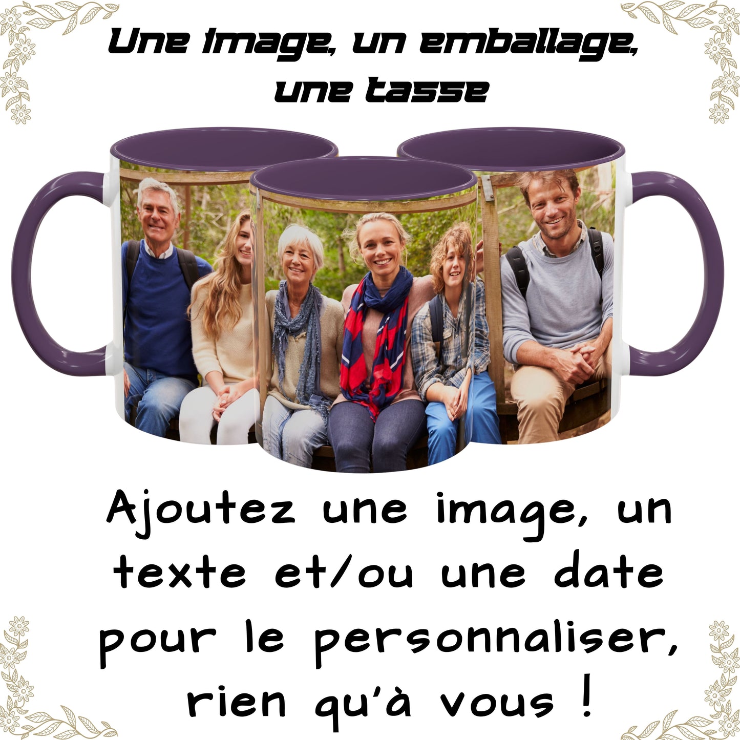 Mug personnalisé, Tasse à café en céramique 325 ml blanche/violette avec motif enveloppant, Cadeau personnalisé avec photo, texte ou logo
