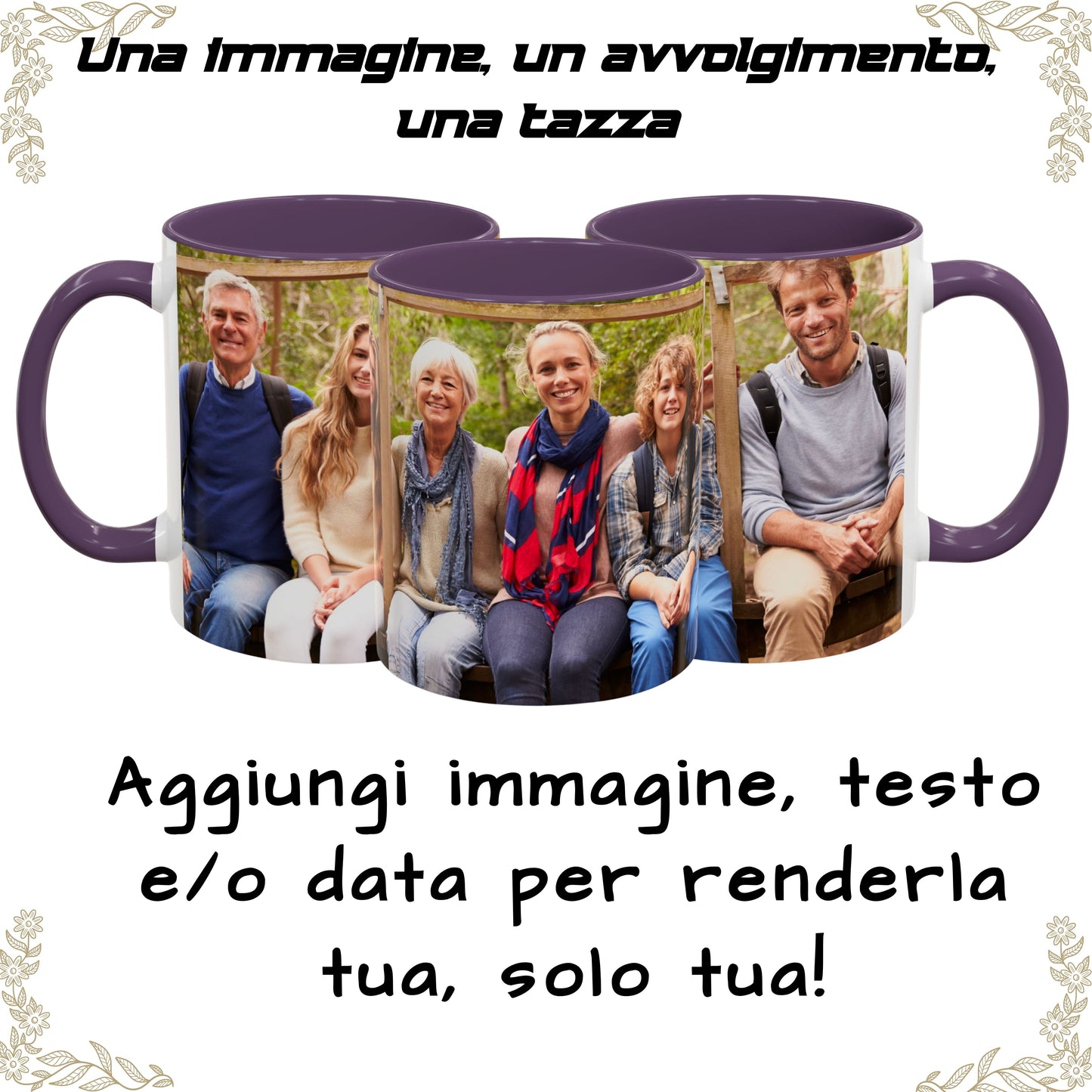Personalisierte Tasse, 325 ml Weiß/Lila Rundum-Design Keramikkaffeetasse, personalisiertes Geschenk mit Foto, Text oder Logo