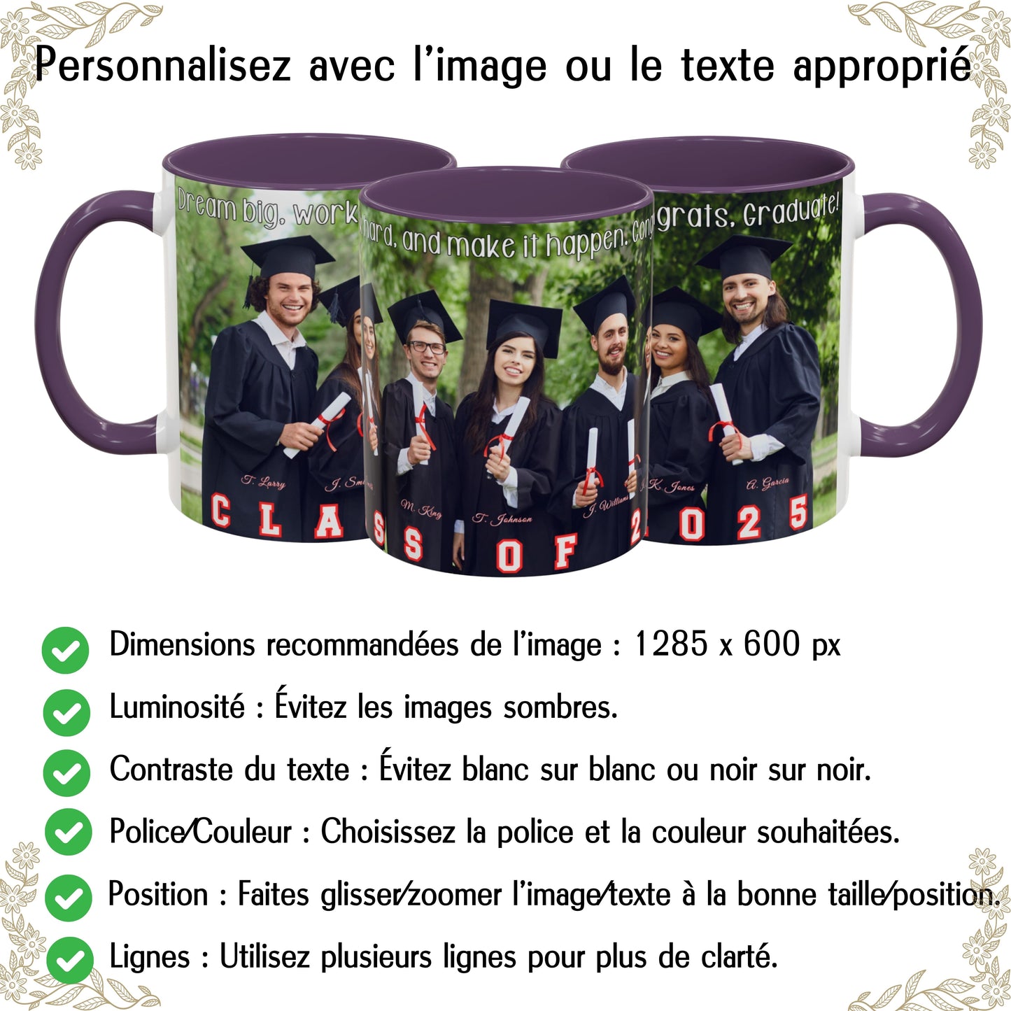 Mug personnalisé, Tasse à café en céramique 325 ml blanche/violette avec motif enveloppant, Cadeau personnalisé avec photo, texte ou logo