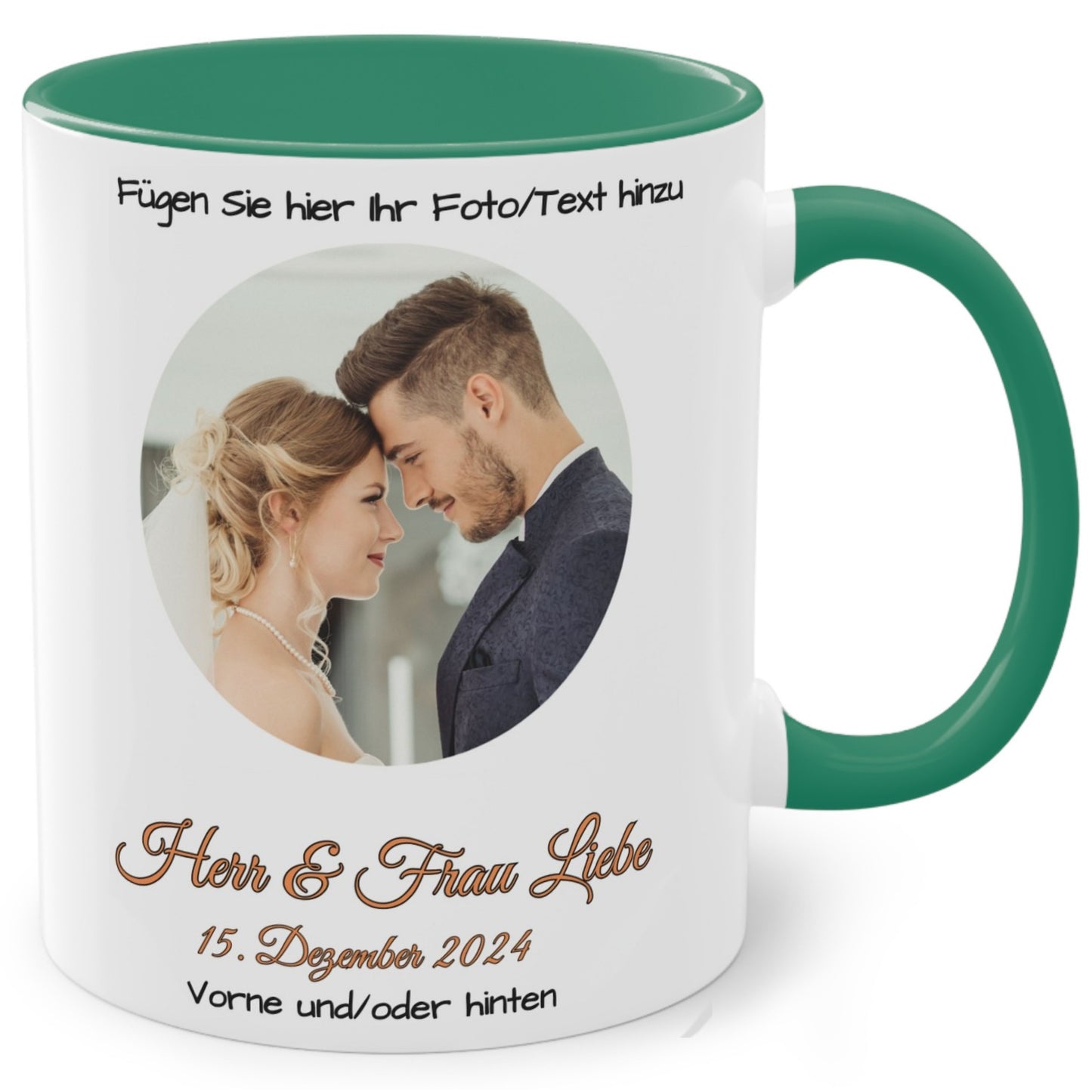 Personalisierte Tasse, weiß/grün, 325 ml, Geschenkidee mit Foto, Text oder Logo, Kreisdesign