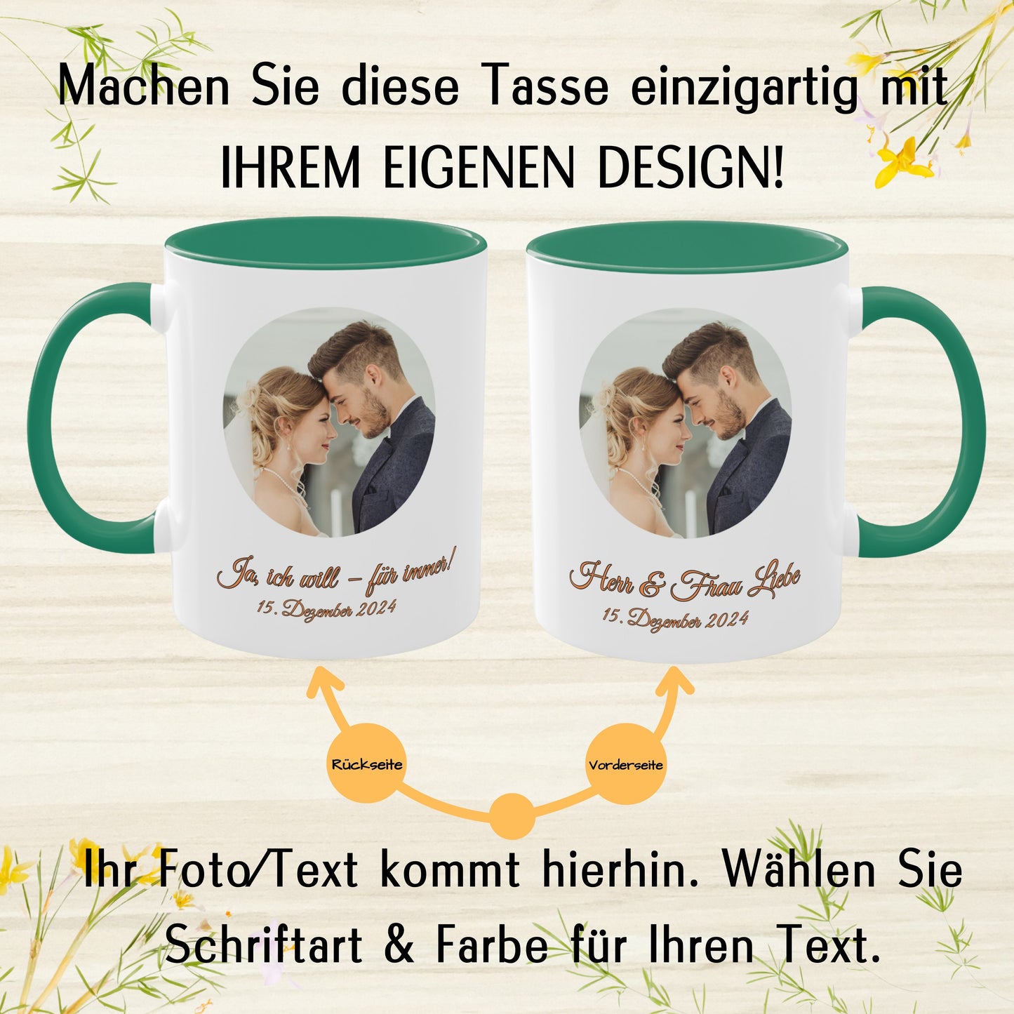 Personalisierte Tasse, weiß/grün, 325 ml, Geschenkidee mit Foto, Text oder Logo, Kreisdesign