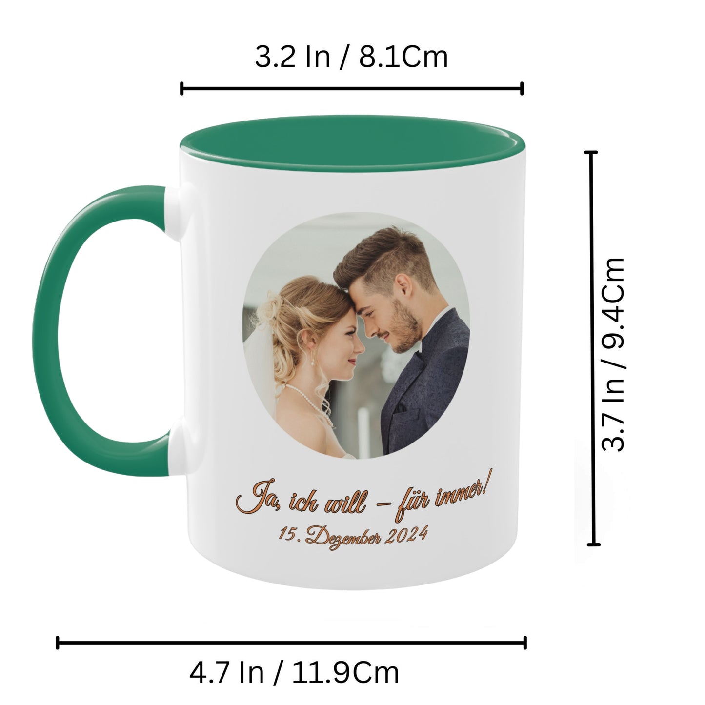 Personalisierte Tasse, weiß/grün, 325 ml, Geschenkidee mit Foto, Text oder Logo, Kreisdesign