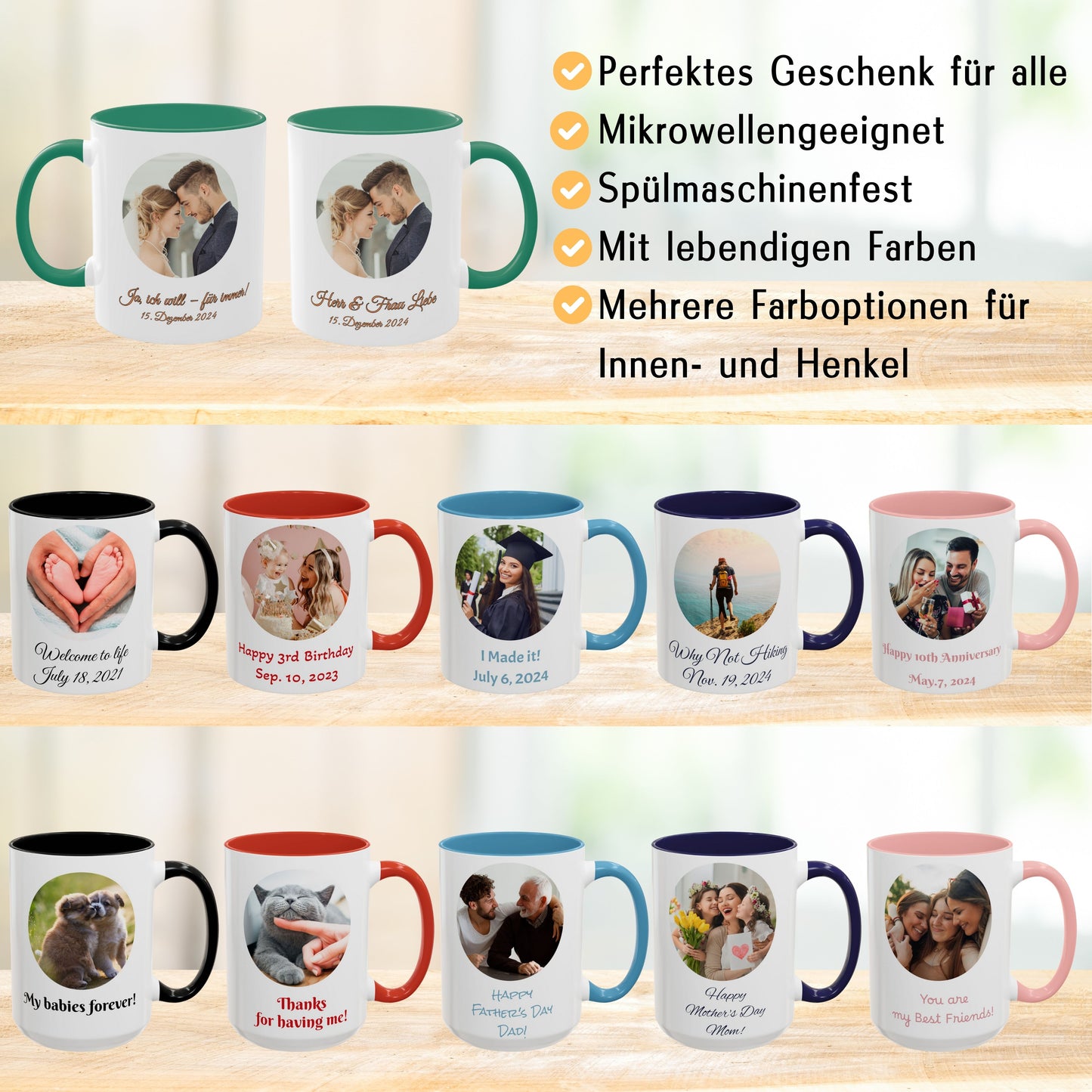 Personalisierte Tasse, weiß/grün, 325 ml, Geschenkidee mit Foto, Text oder Logo, Kreisdesign