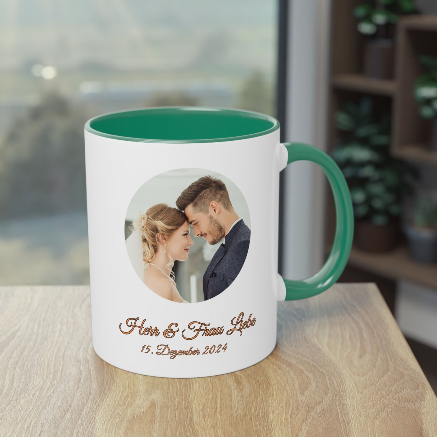 Personalisierte Tasse, weiß/grün, 325 ml, Geschenkidee mit Foto, Text oder Logo, Kreisdesign
