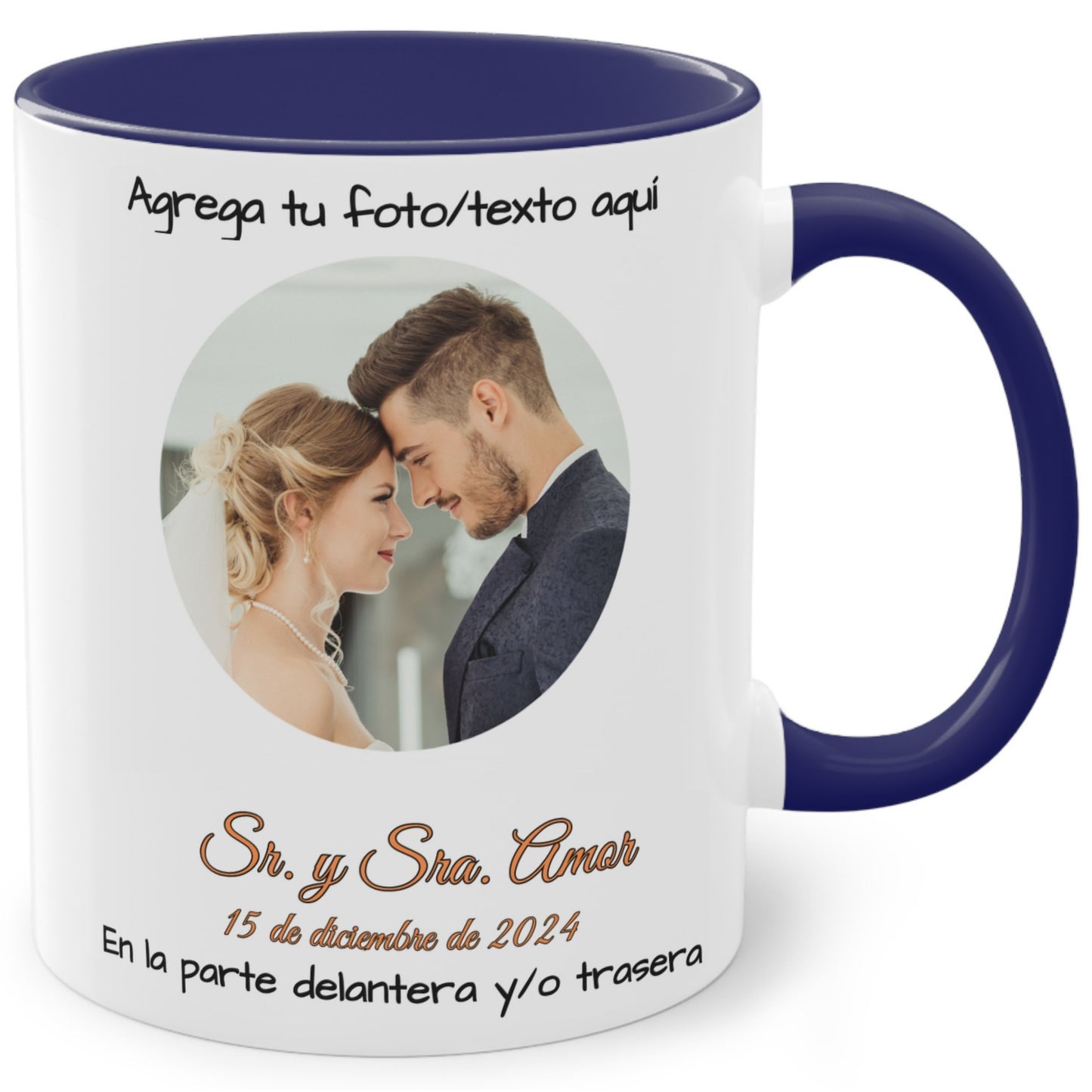 Taza personalizada, 325ml Blanco/azul Diseño circular Cerámica Taza de café, Regalo personalizado con foto, texto o logo