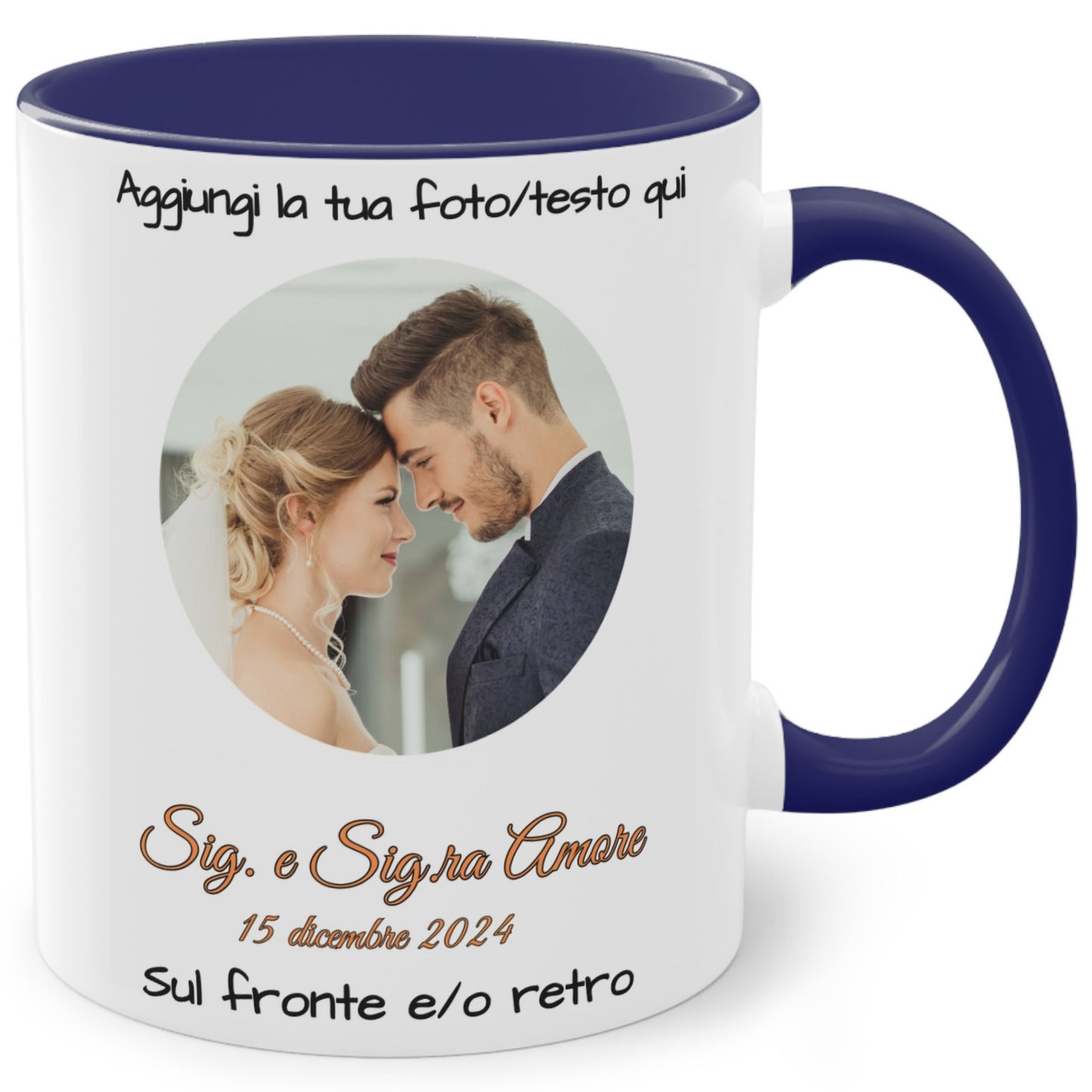 Personalisierte Tasse, 325 ml Weiß/Blau, rundes Design, Keramik-Kaffeetasse, personalisiertes Geschenk mit Foto, Text oder Logo