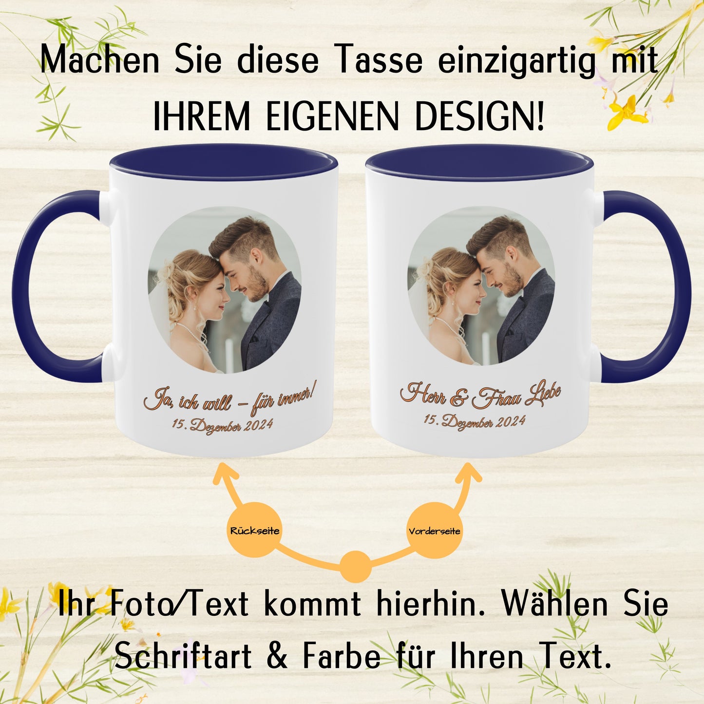 Personalisierte Tasse, weiß/blau, 325 ml, Geschenkidee mit Foto, Text oder Logo, Kreisdesign