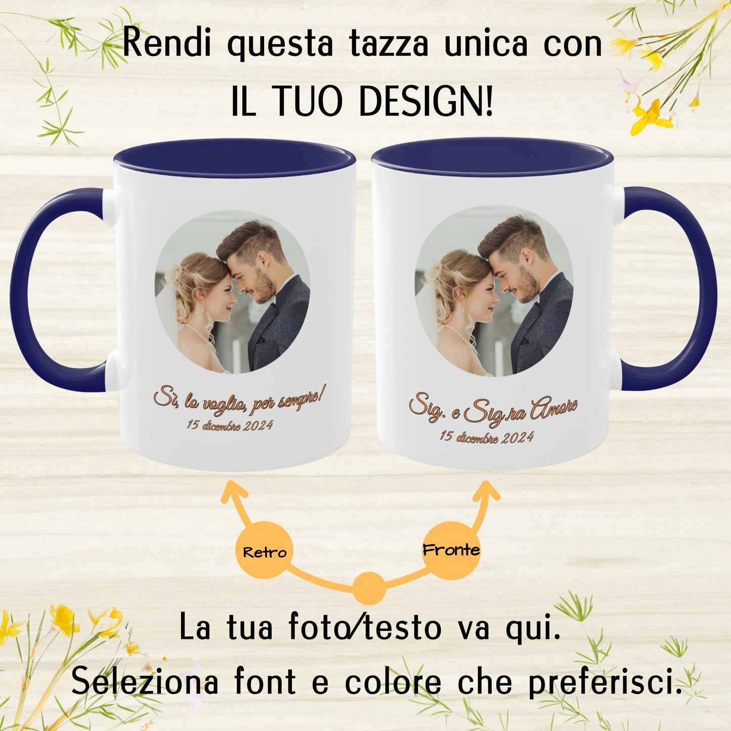 Personalisierte Tasse, 325 ml Weiß/Blau, rundes Design, Keramik-Kaffeetasse, personalisiertes Geschenk mit Foto, Text oder Logo