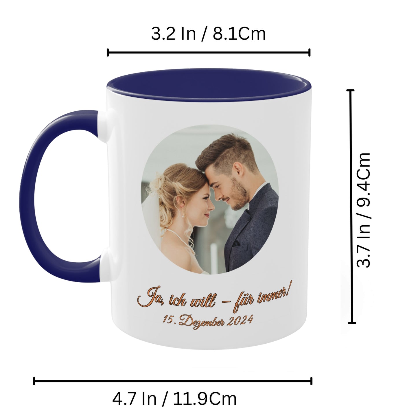 Personalisierte Tasse, weiß/blau, 325 ml, Geschenkidee mit Foto, Text oder Logo, Kreisdesign