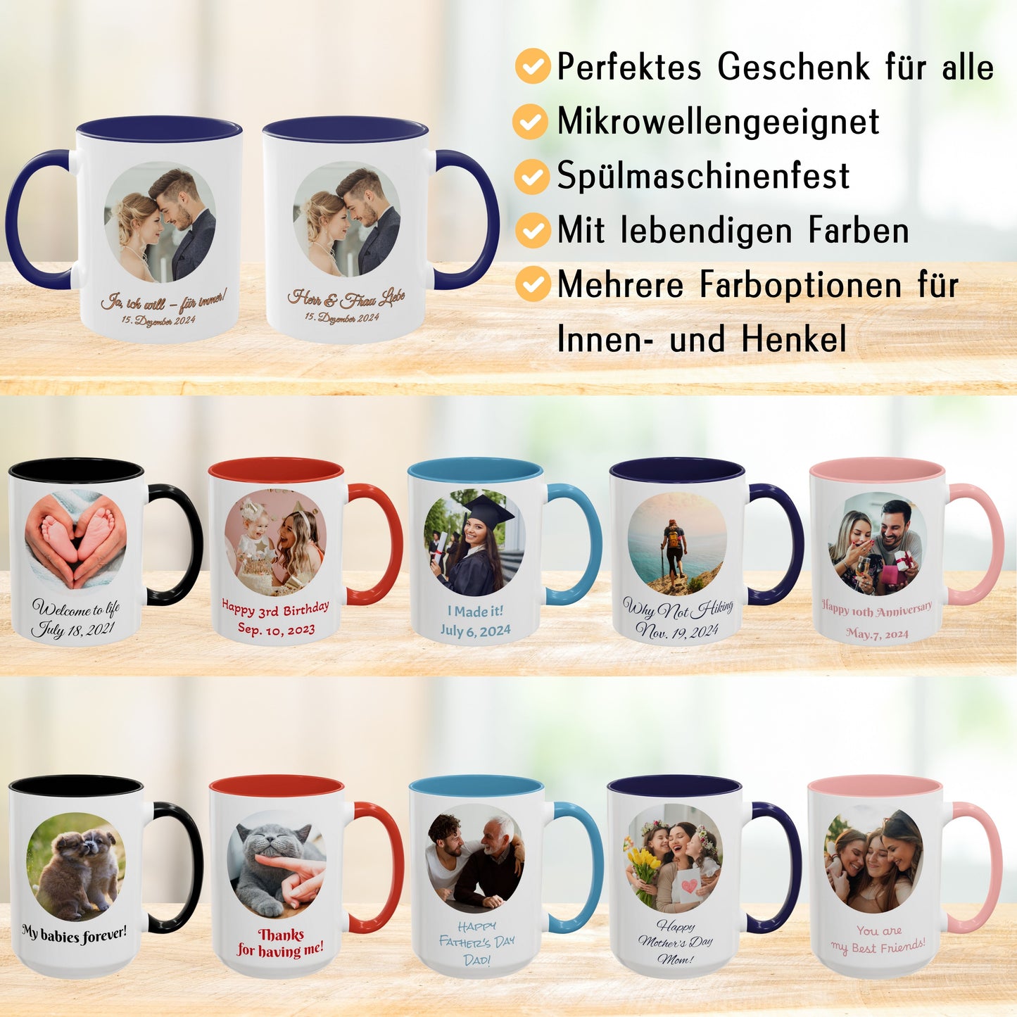 Personalisierte Tasse, weiß/blau, 325 ml, Geschenkidee mit Foto, Text oder Logo, Kreisdesign