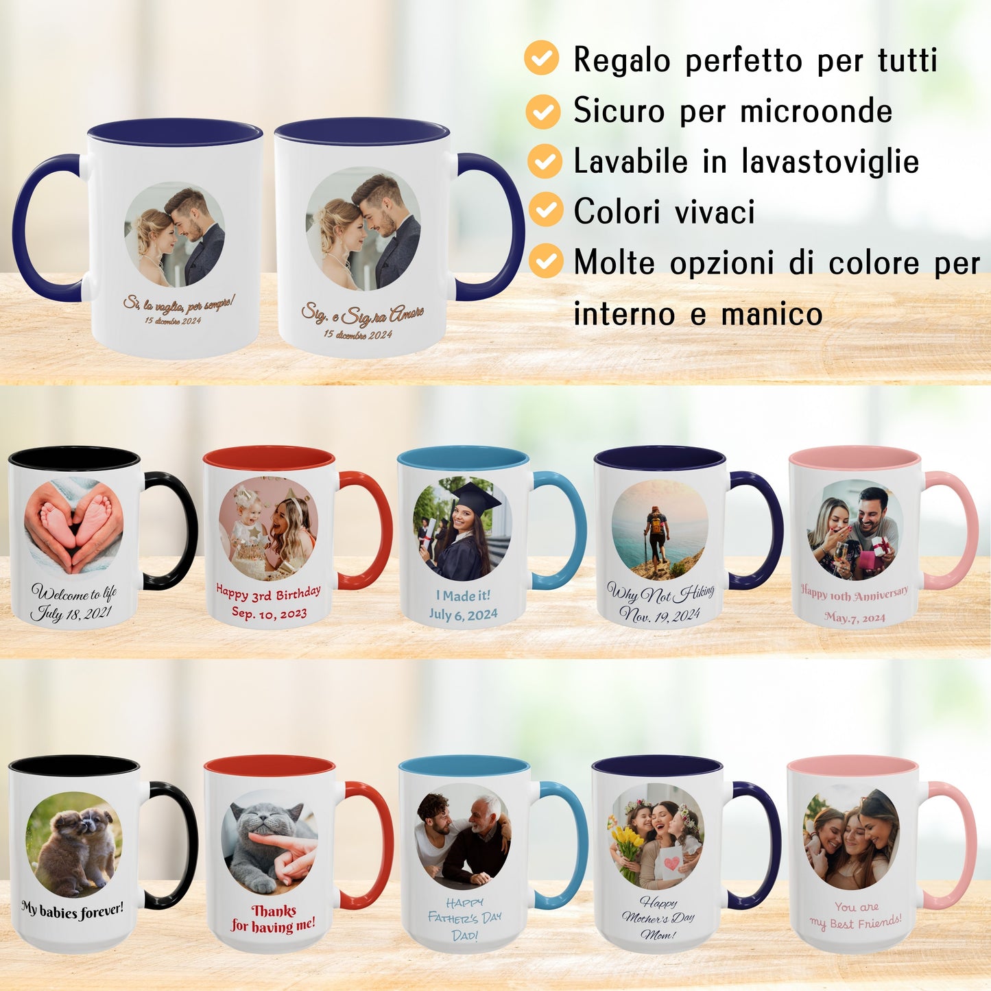 Personalisierte Tasse, 325 ml Weiß/Blau, rundes Design, Keramik-Kaffeetasse, personalisiertes Geschenk mit Foto, Text oder Logo