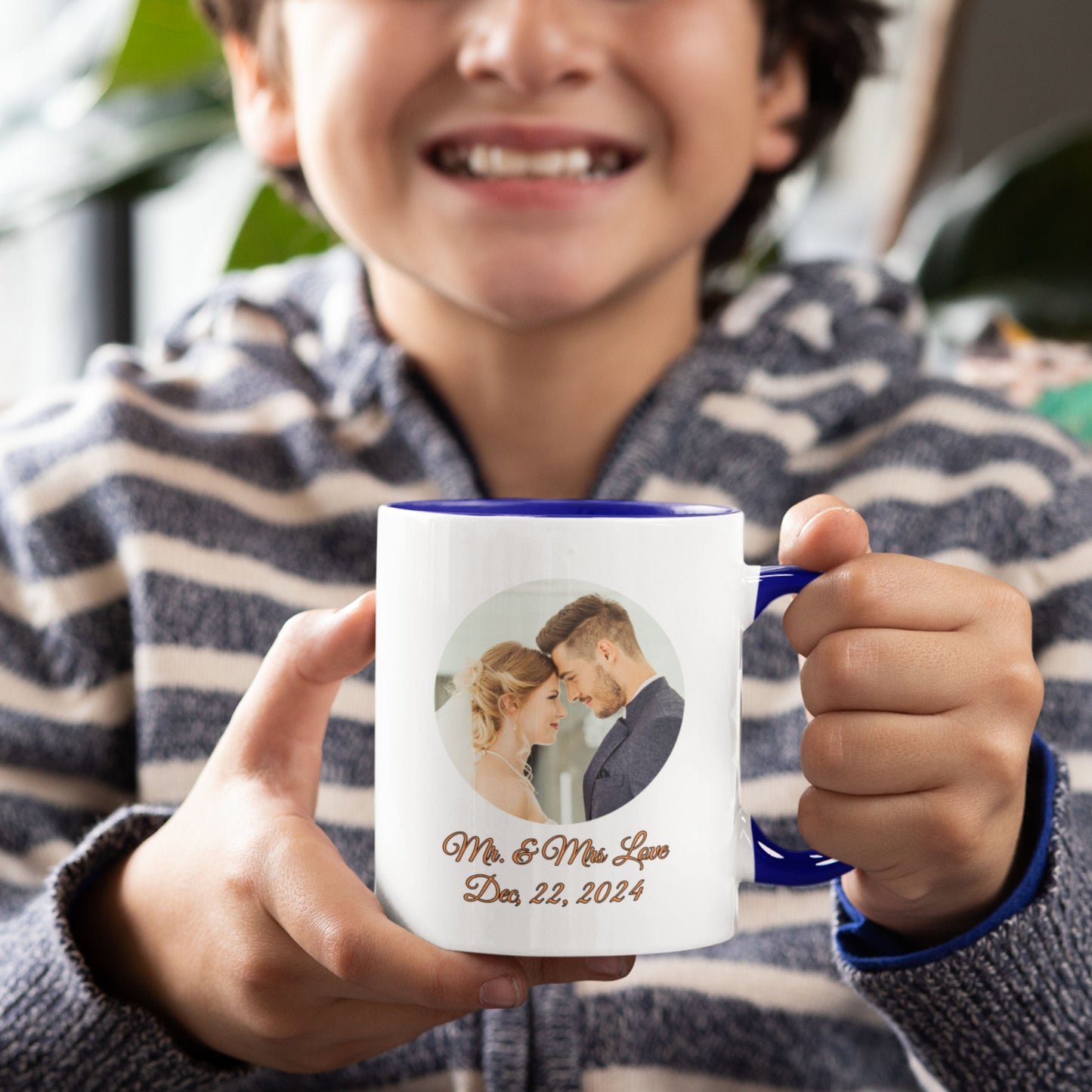 Personalisierte Tasse, weiß/blau, 325 ml, Geschenkidee mit Foto, Text oder Logo, Kreisdesign