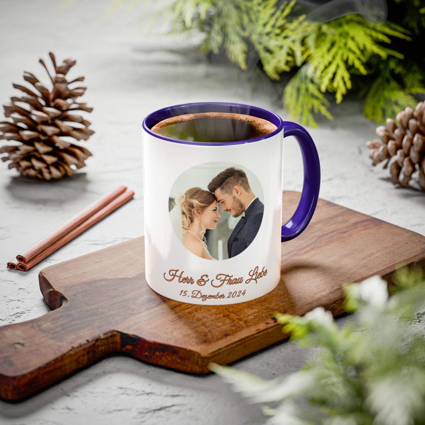 Personalisierte Tasse, weiß/blau, 325 ml, Geschenkidee mit Foto, Text oder Logo, Kreisdesign