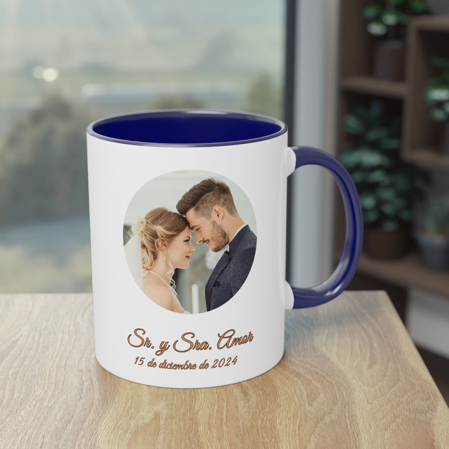 Personalisierte Tasse, 325 ml Weiß/Blau, rundes Design, Keramik-Kaffeetasse, personalisiertes Geschenk mit Foto, Text oder Logo