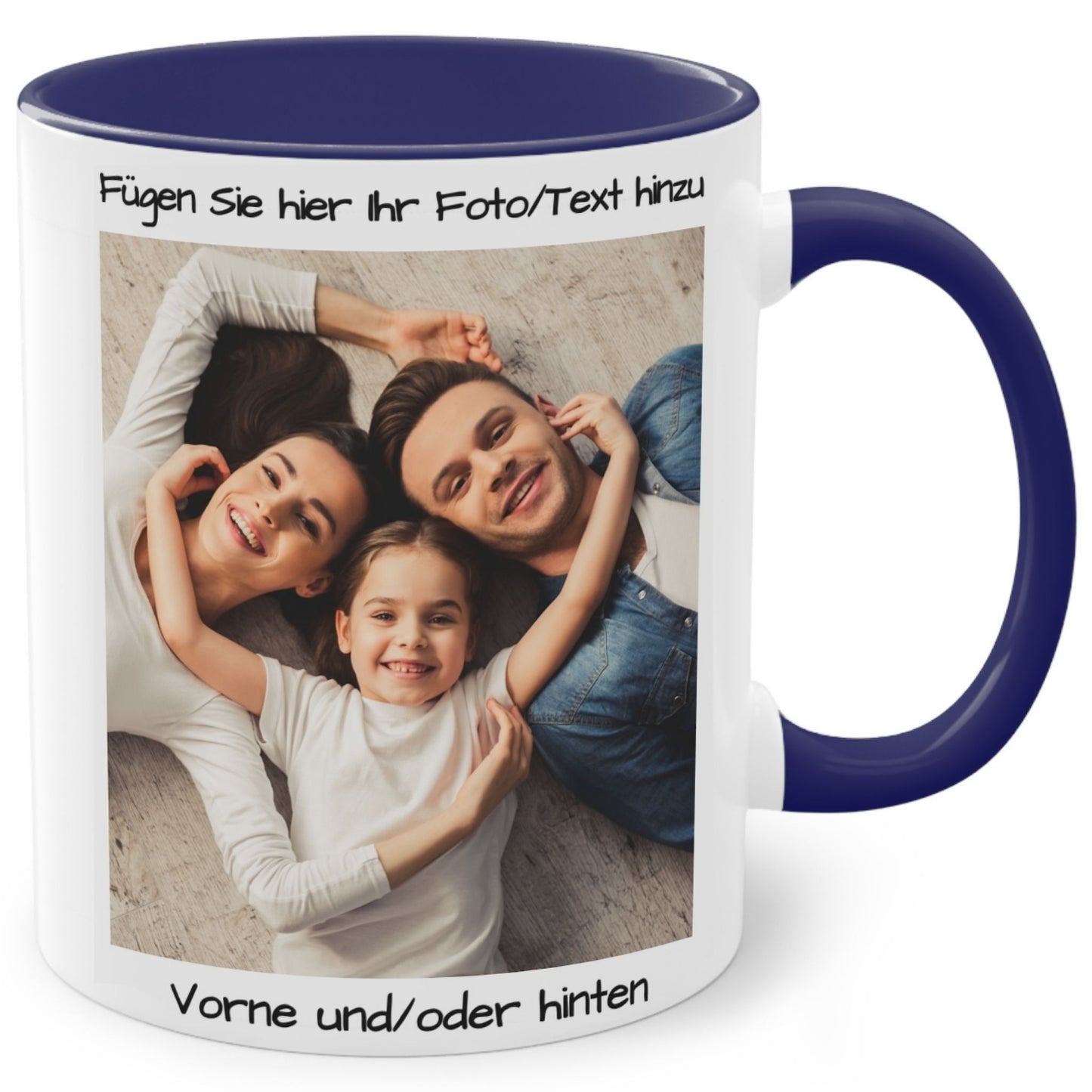 Personalisierte Tasse, weiß/blau, 325 ml, Geschenkidee mit Foto, Text oder Logo, quadratisches Design