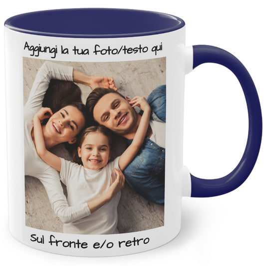 Custom Mug, 11oz White/Blue Square Design Ceramic Coffee Mug, Personalized Gift with Photo, Text or Logo