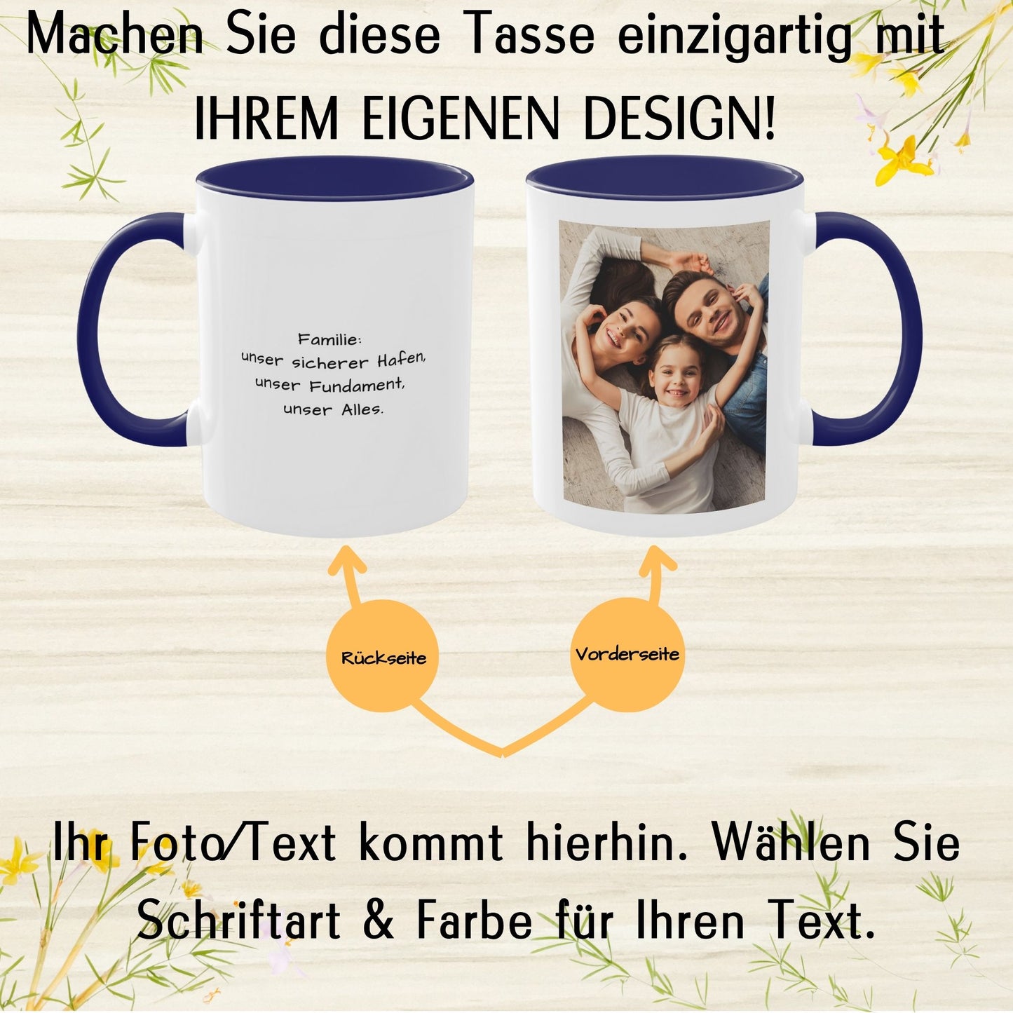 Personalisierte Tasse, weiß/blau, 325 ml, Geschenkidee mit Foto, Text oder Logo, quadratisches Design