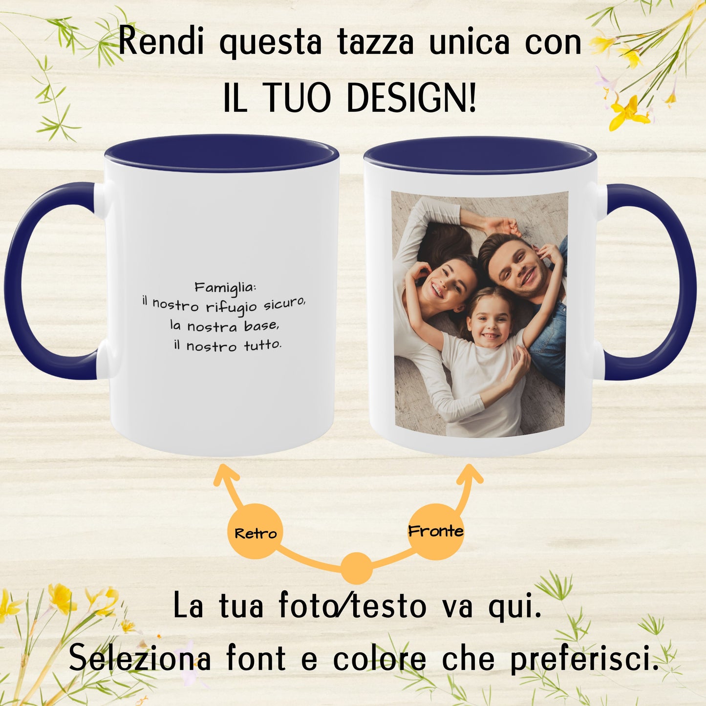Tazza personalizzata, 325 ml Bianco/blu Design quadrato Tazza da caffè in ceramica, Regalo personalizzato con foto, testo o logo