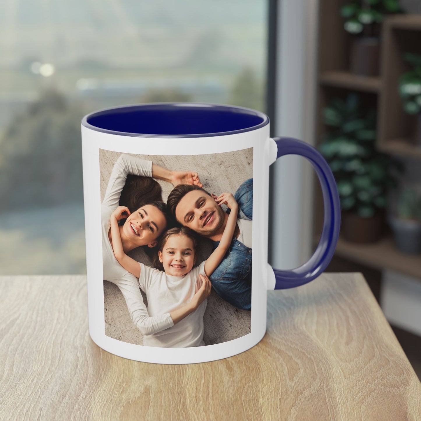 Personalisierte Tasse, weiß/blau, 325 ml, Geschenkidee mit Foto, Text oder Logo, quadratisches Design