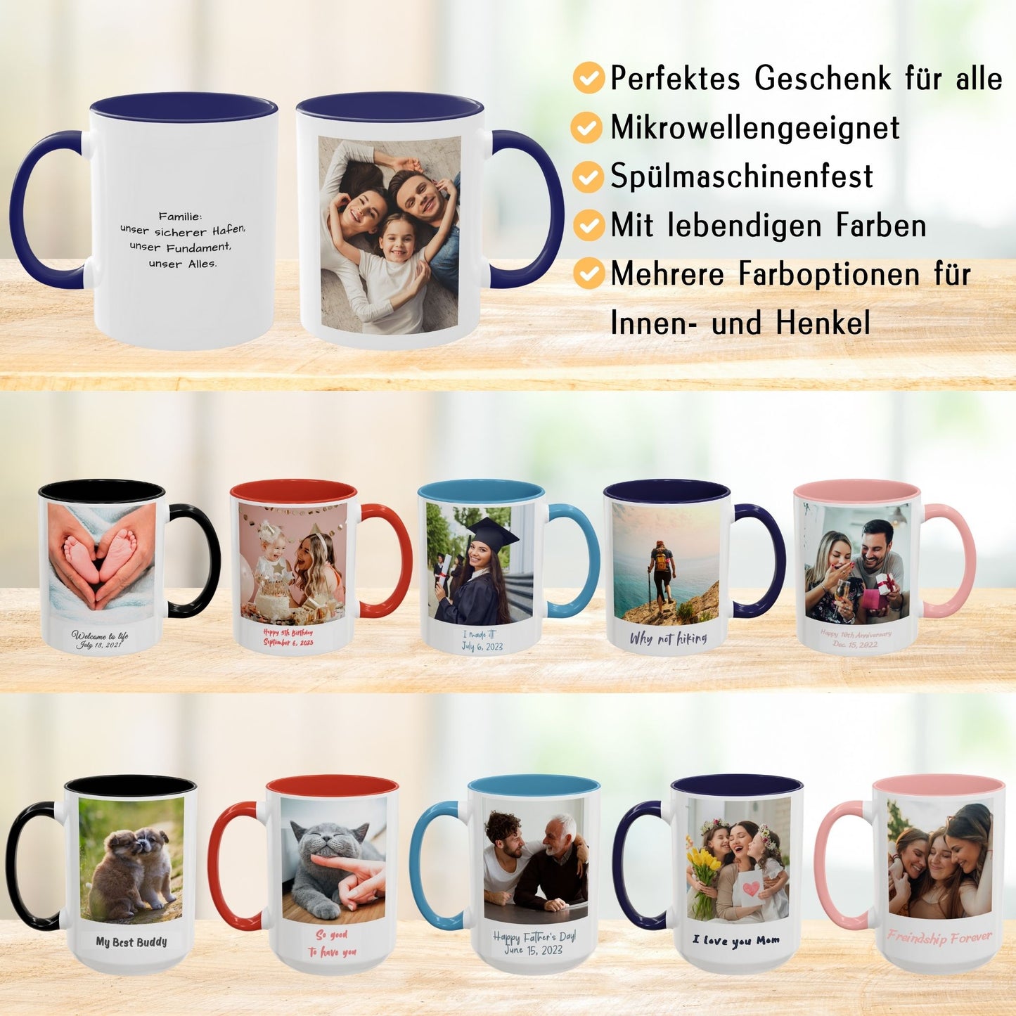 Personalisierte Tasse, weiß/blau, 325 ml, Geschenkidee mit Foto, Text oder Logo, quadratisches Design