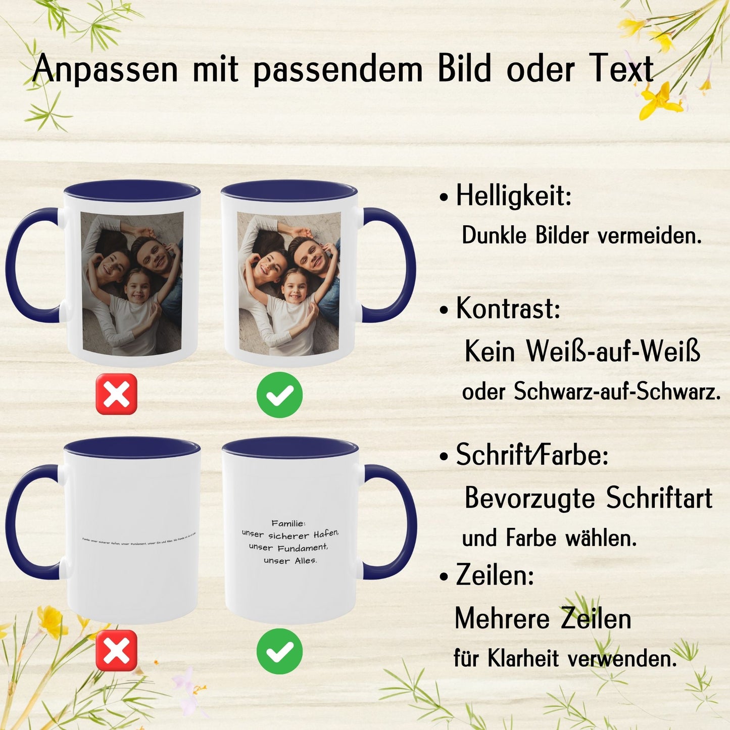 Personalisierte Tasse, weiß/blau, 325 ml, Geschenkidee mit Foto, Text oder Logo, quadratisches Design