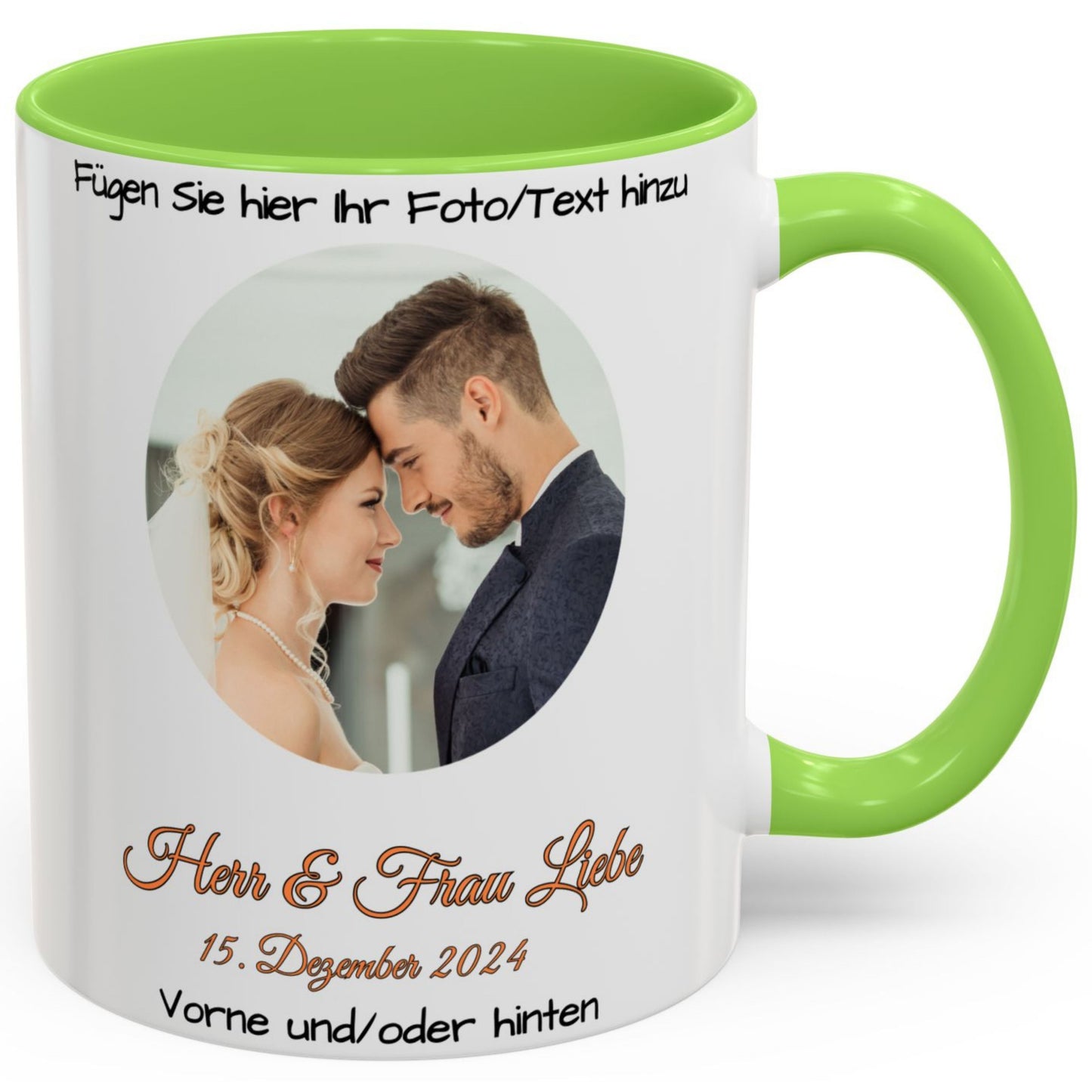 Personalisierte Tasse, weiß/hellgrün, 325 ml, Geschenkidee mit Foto, Text oder Logo, Kreisdesign