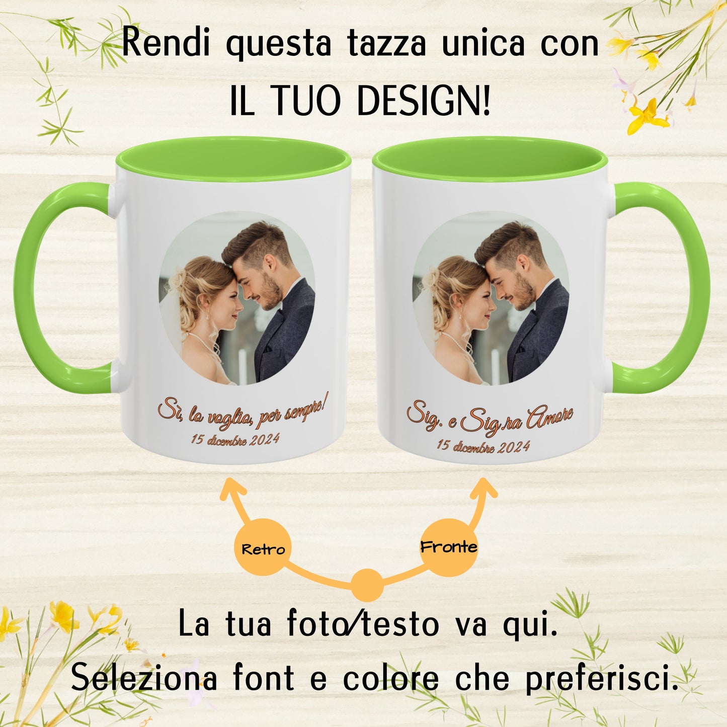 Tazza personalizzata, 325 ml Bianco/verde chiaro Design circolare Tazza da caffè in ceramica, Regalo personalizzato con foto, testo o logo
