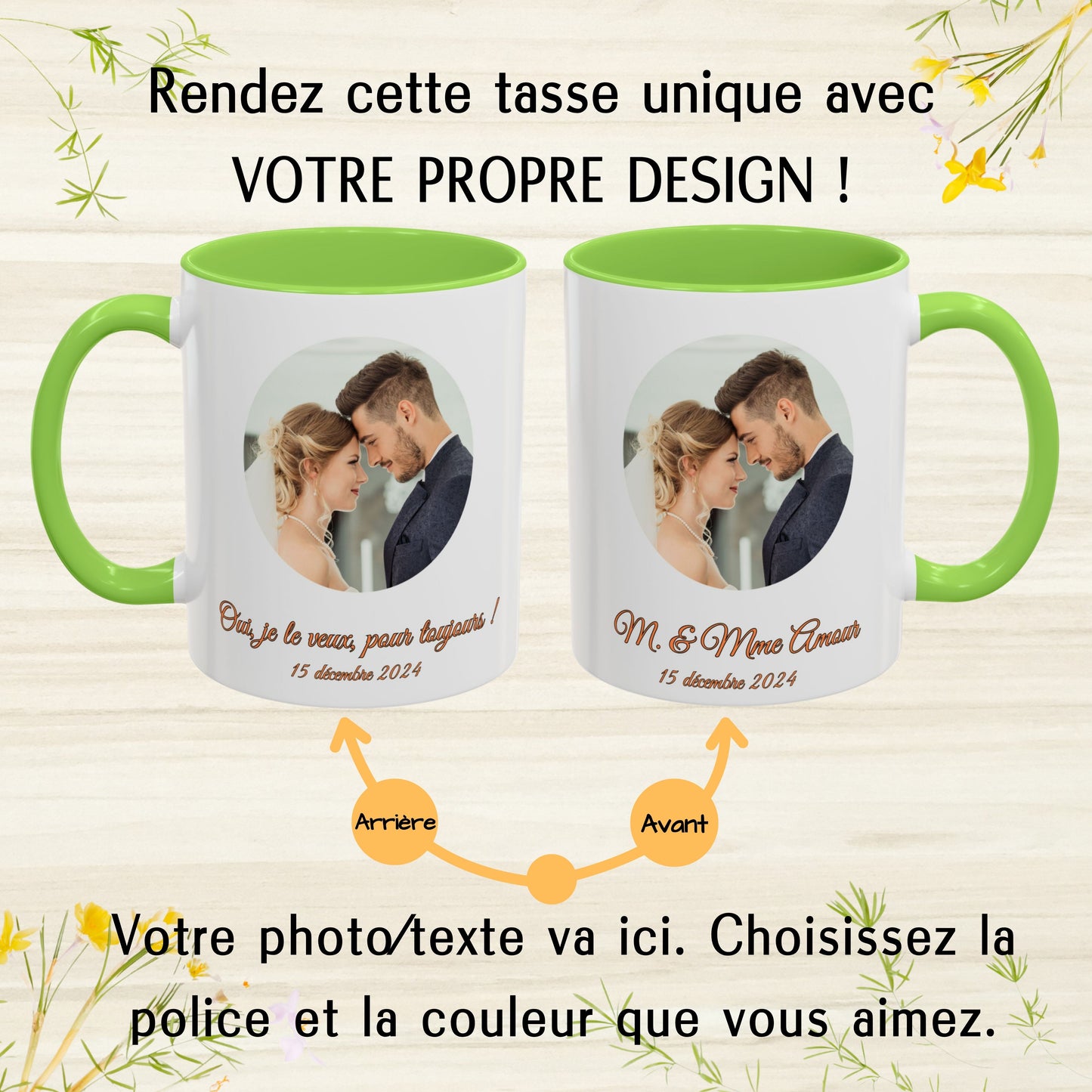 Tasse personnalisée, Mug en céramique 325 ml blanc/vert clair motif cercle, Cadeau personnalisé avec photo, texte ou logo